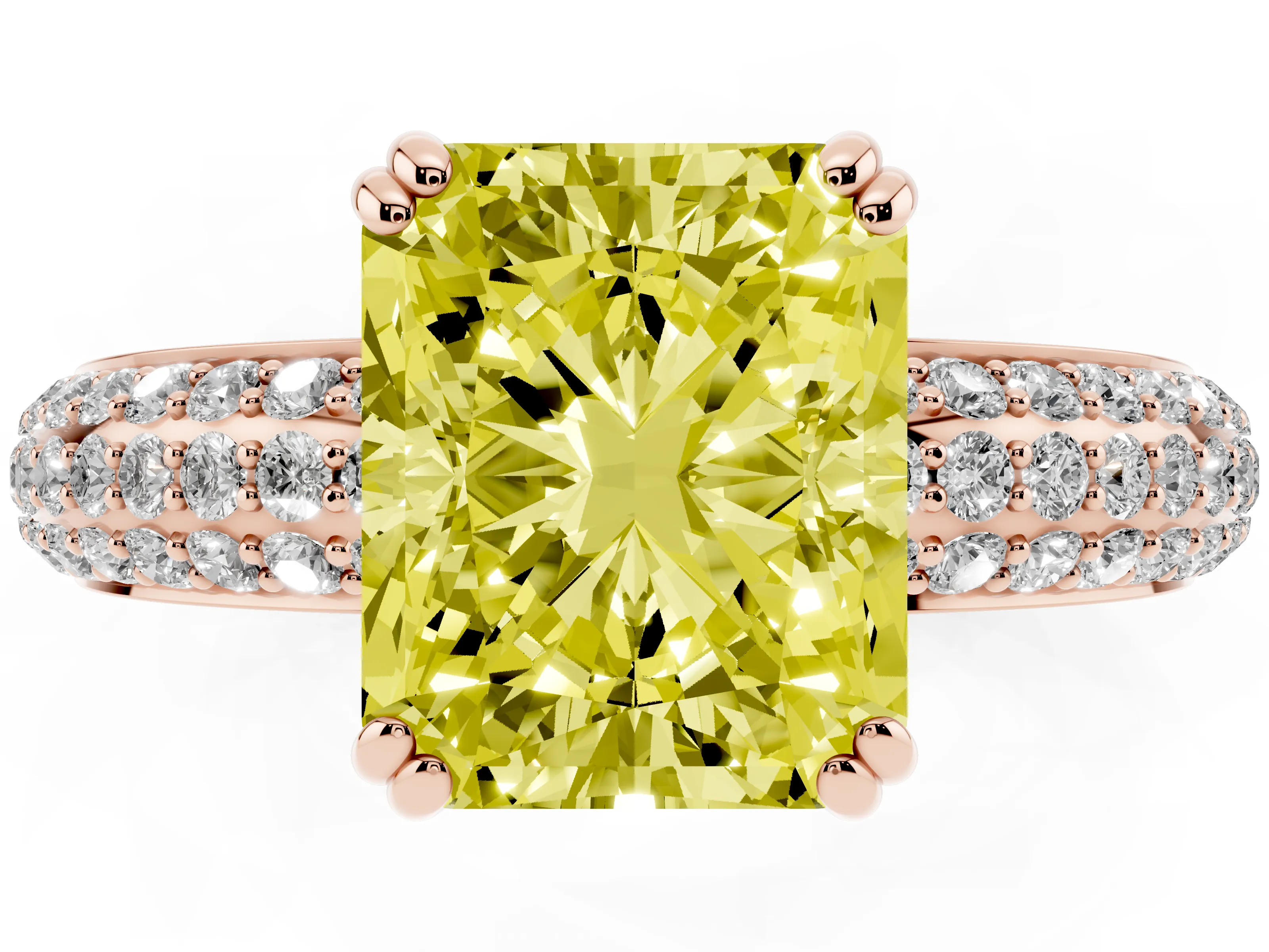 Fancy Yellow Radiant Cut Diamond Solitaire Ring Set in Rose gold with Multi-Row Round Pavé Band and Prong Setting
