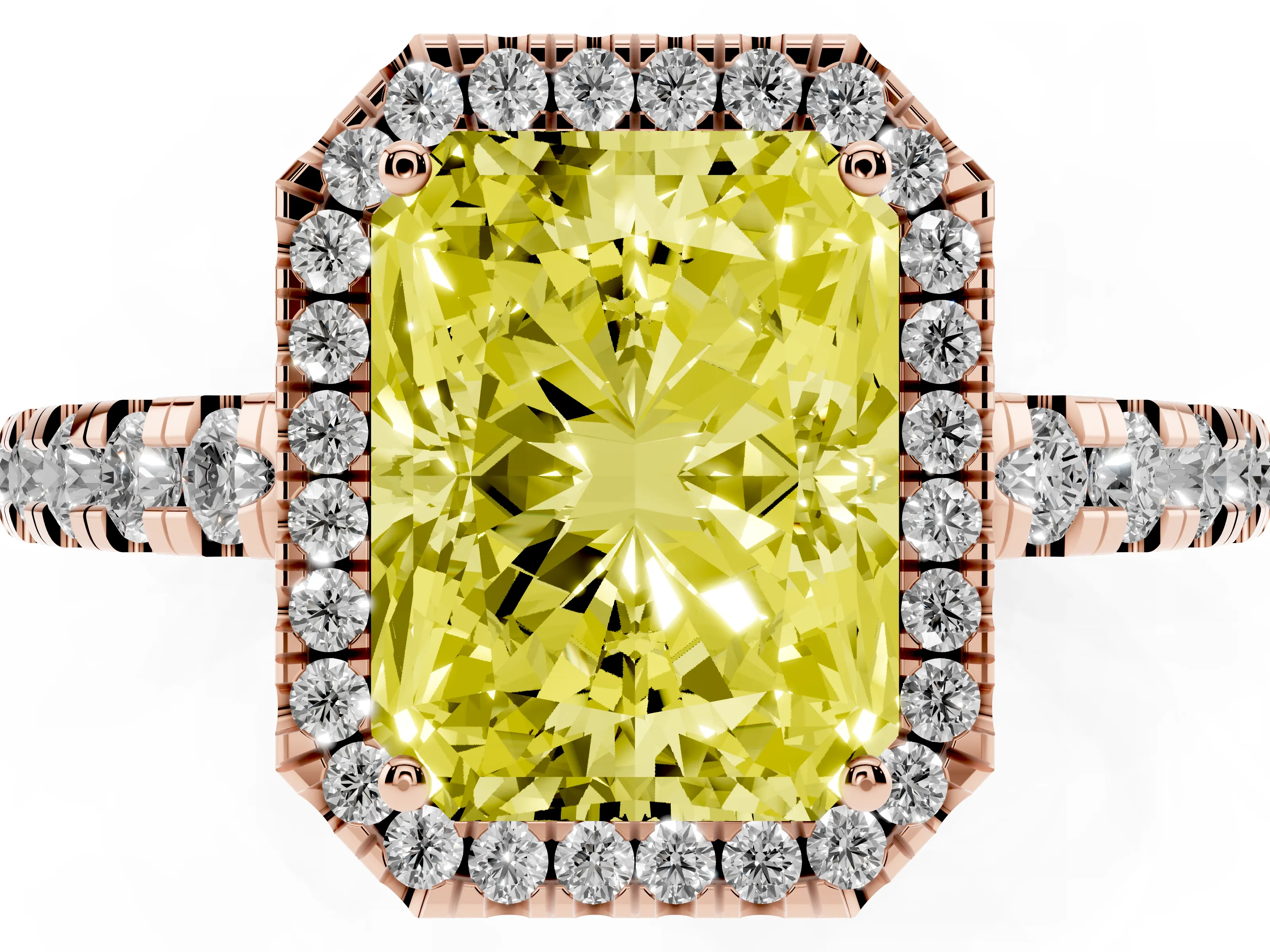 Fancy Yellow Radiant Cut Diamond Halo Ring Set in Rose gold with Delicate Pavé Band and Prong Setting
