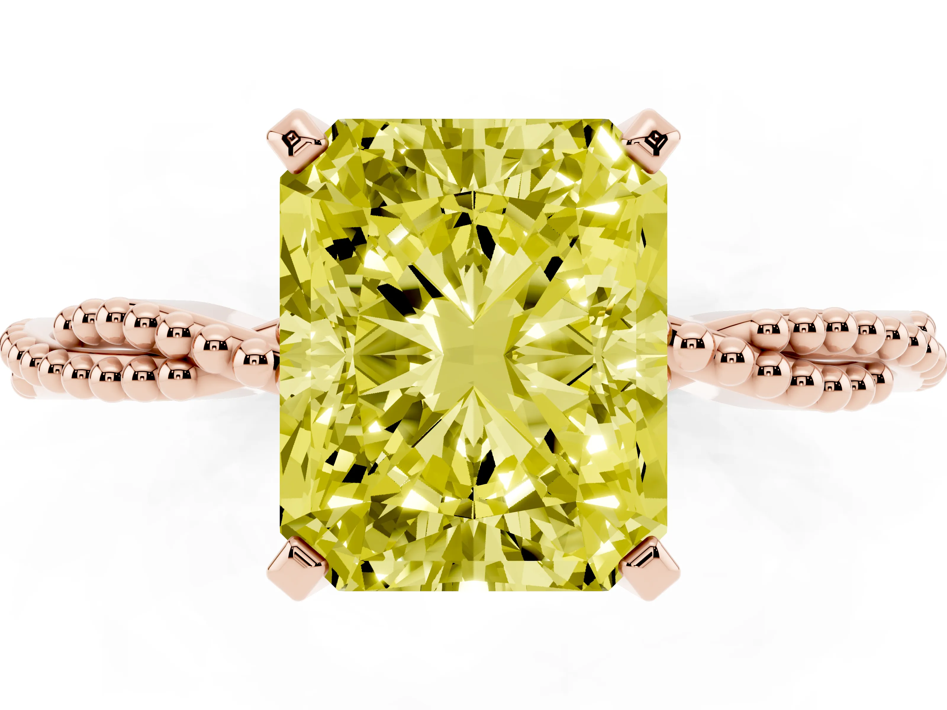 Fancy Yellow Radiant Cut Diamond Solitaire Ring Set in Rose gold with Twisted Band and Bead Prong Setting