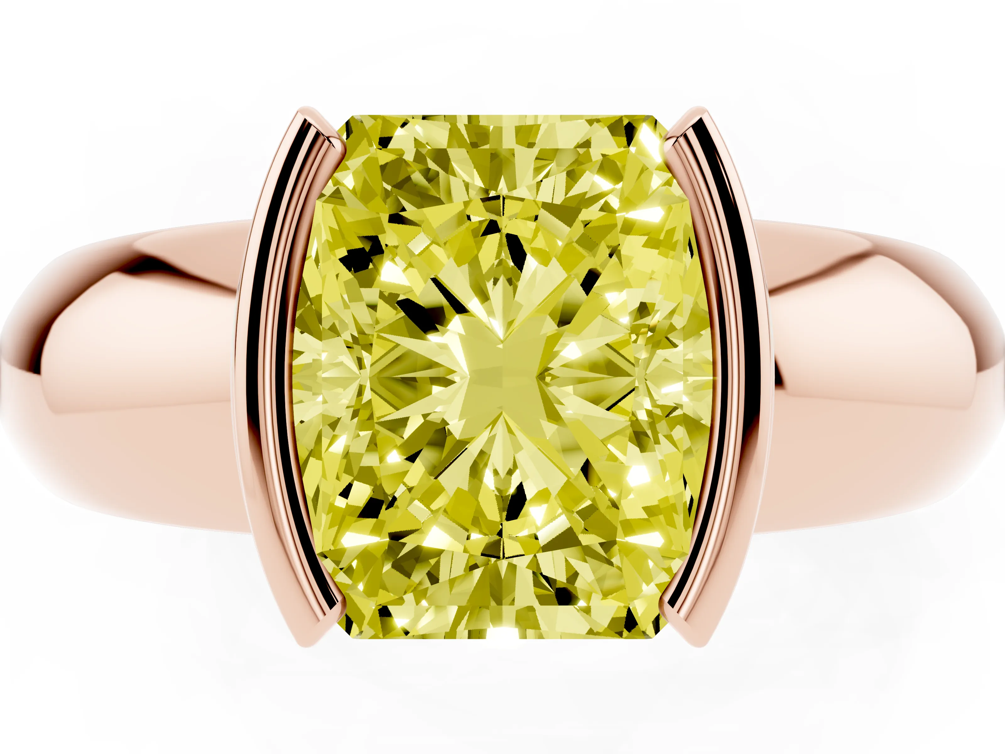 Fancy Yellow Radiant Cut Diamond Solitaire Tension Set Ring Set in Rose gold with Wide Band