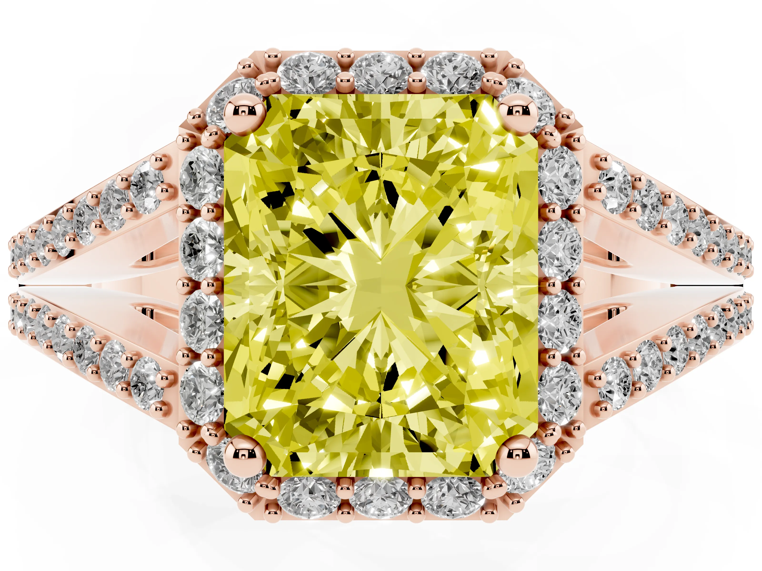 Fancy Yellow Radiant Cut Diamond Halo Split Shank Pavé Ring Set in Rose gold with Prong Setting