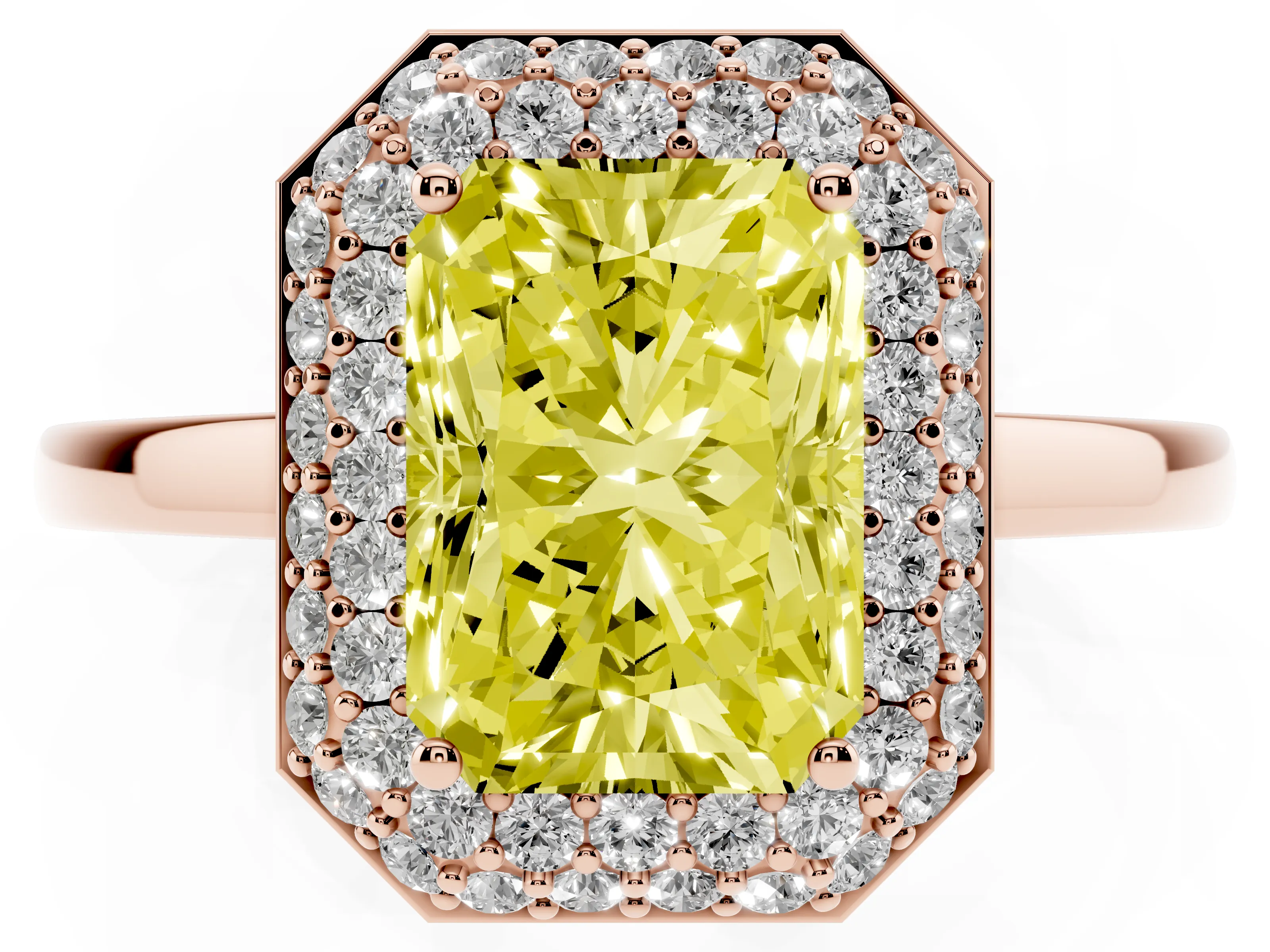 Fancy Yellow Radiant Cut Diamond Halo Engagement Ring Set in Rose gold with Solitaire Band and Prong Setting