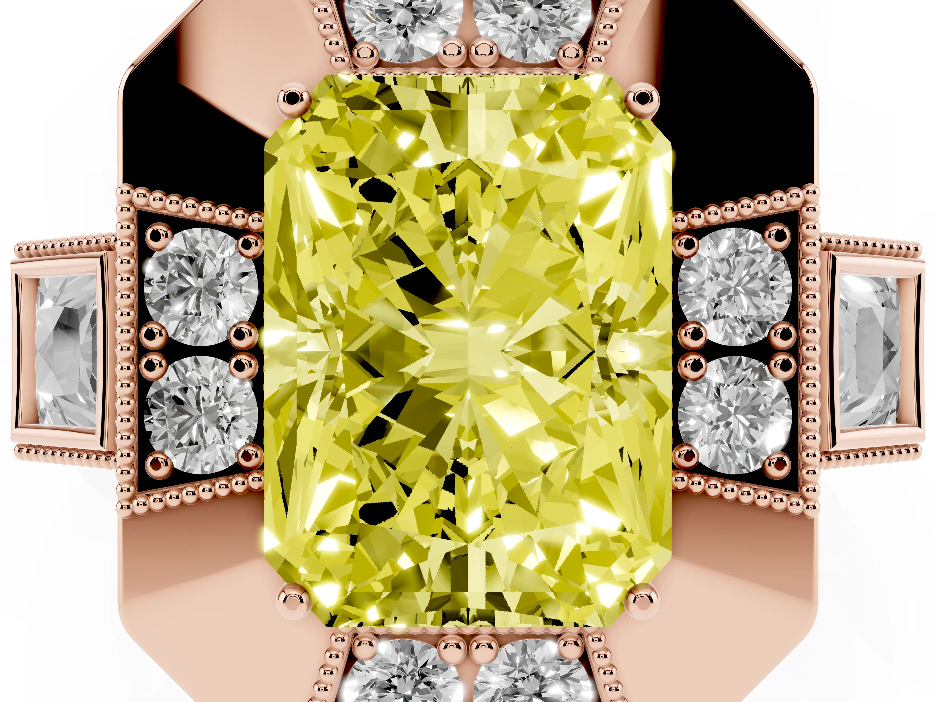 Fancy Yellow Radiant Cut Diamond Milgrain Halo Ring Set in Rose gold with Split Shank