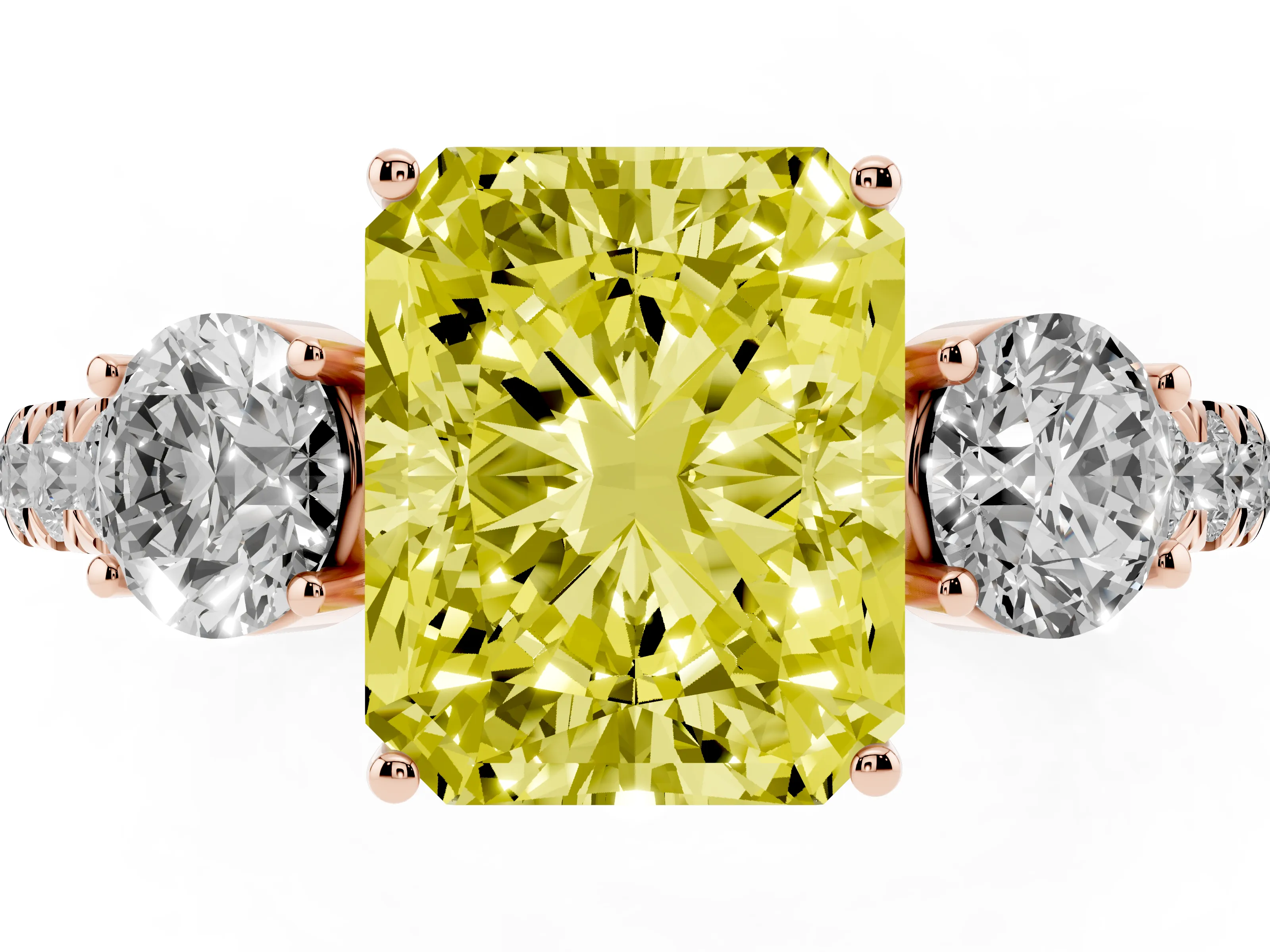 Fancy Yellow Radiant Cut Diamond Three-Stone Ring Set in Rose gold with Round Side Stones and Delicate Pavé Band