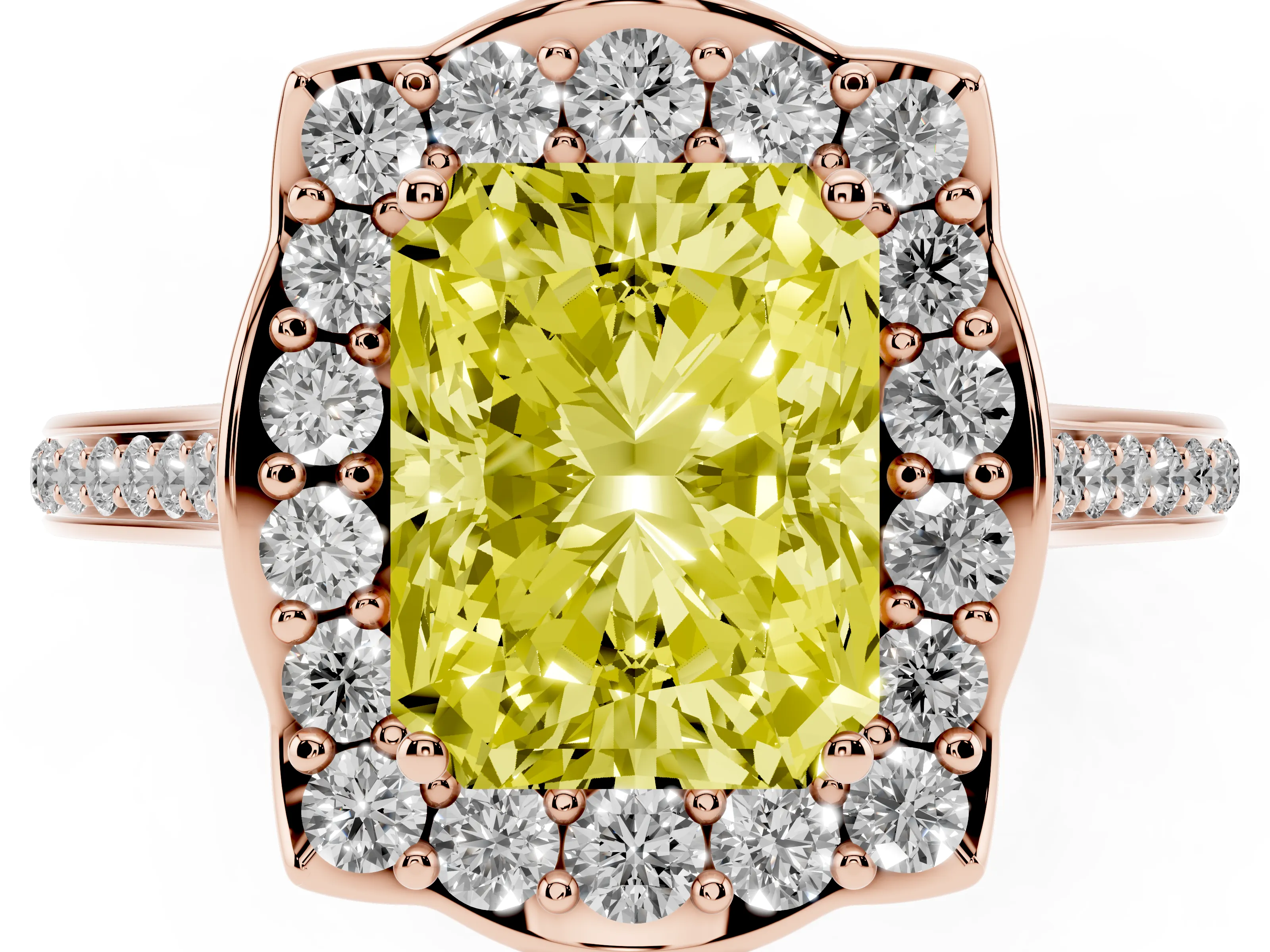 Fancy Yellow Radiant Cut Diamond Halo Ring Set in Rose gold with Pavé-Lined Shoulders and Prong Setting