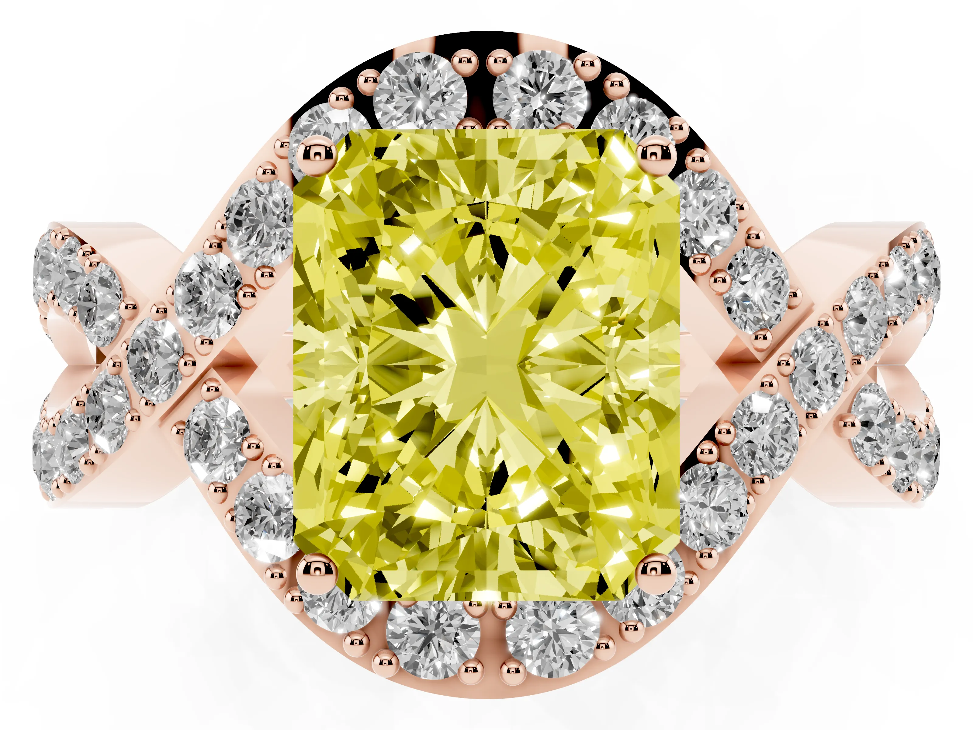 Fancy Yellow Radiant Cut Diamond Solitaire Twist Band Pavé Engagement Ring Set in Rose gold