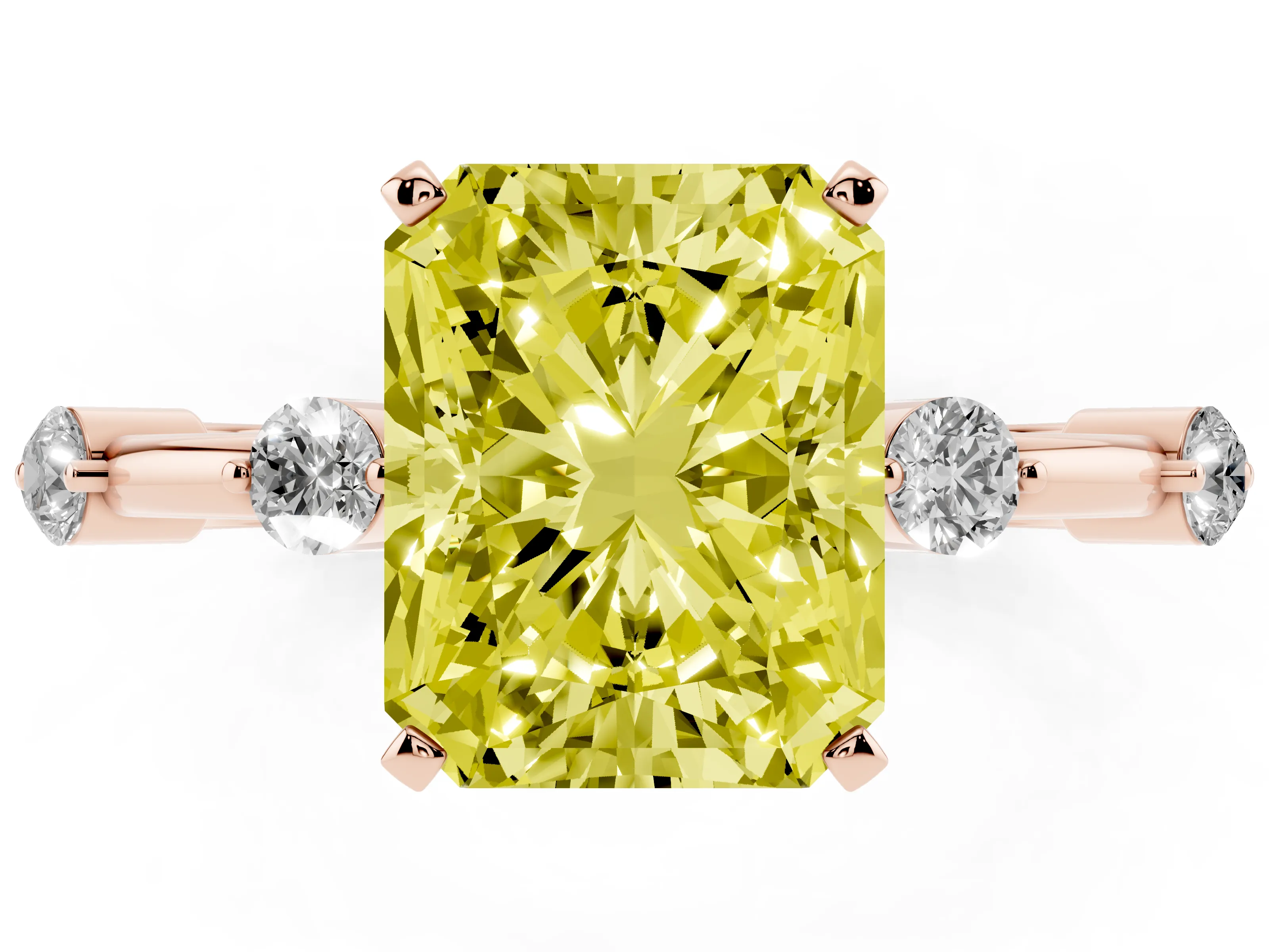 Fancy Yellow Radiant Cut Diamond Solitaire Ring Set in Rose gold with Bezel Set Side Stones and Prong Setting