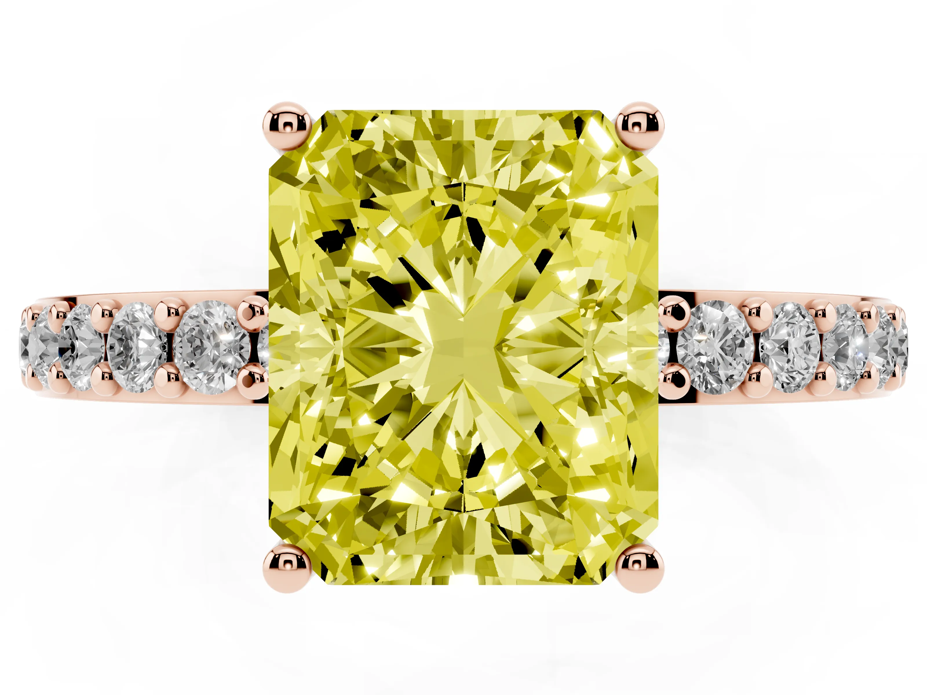 Fancy Yellow Radiant Cut Diamond Solitaire Set in Rose gold with Round Pavé Band and Prong Setting