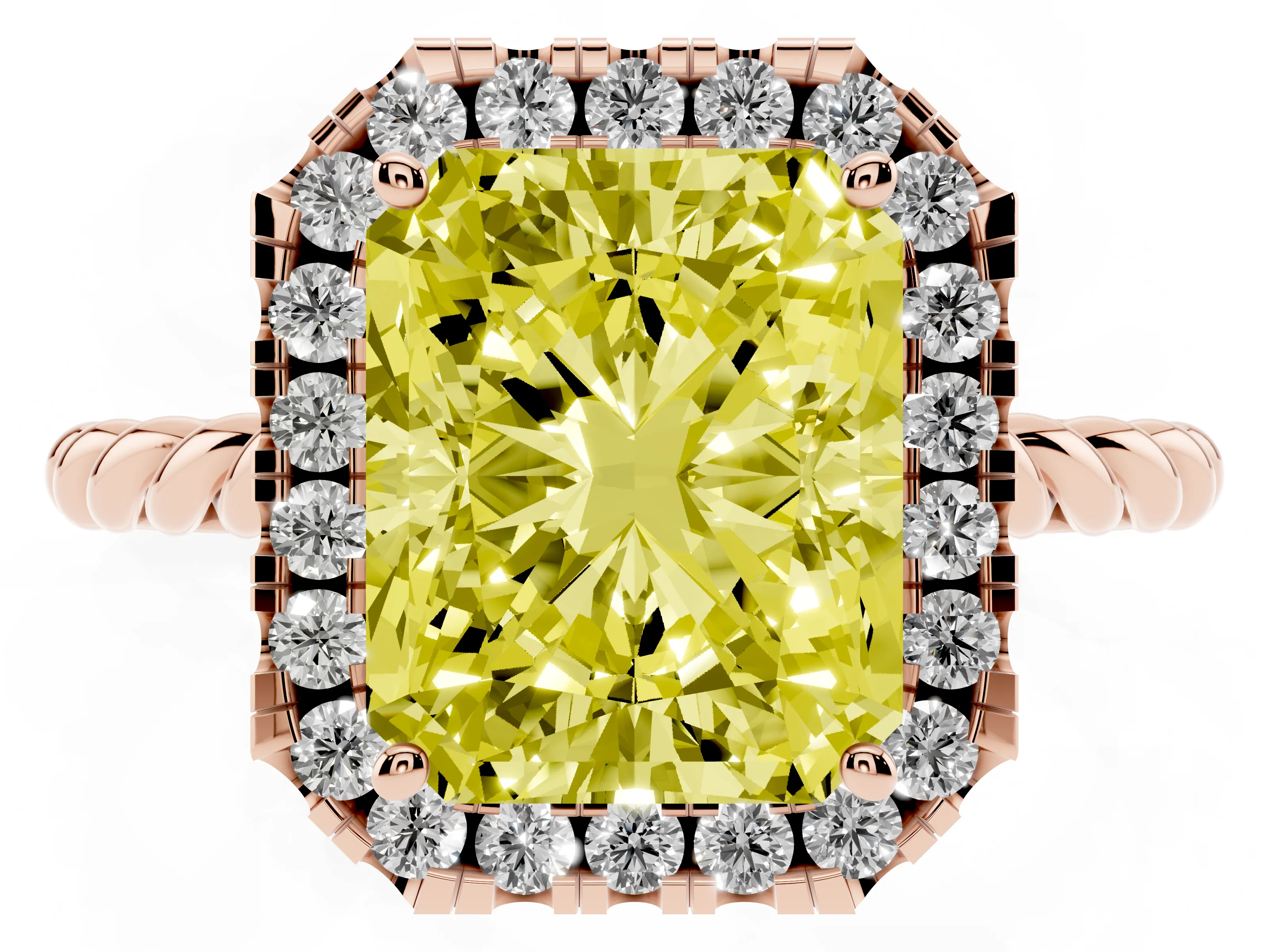 Fancy Yellow Radiant Cut Diamond Halo Ring Set in Rose gold with Plain Twisted Band