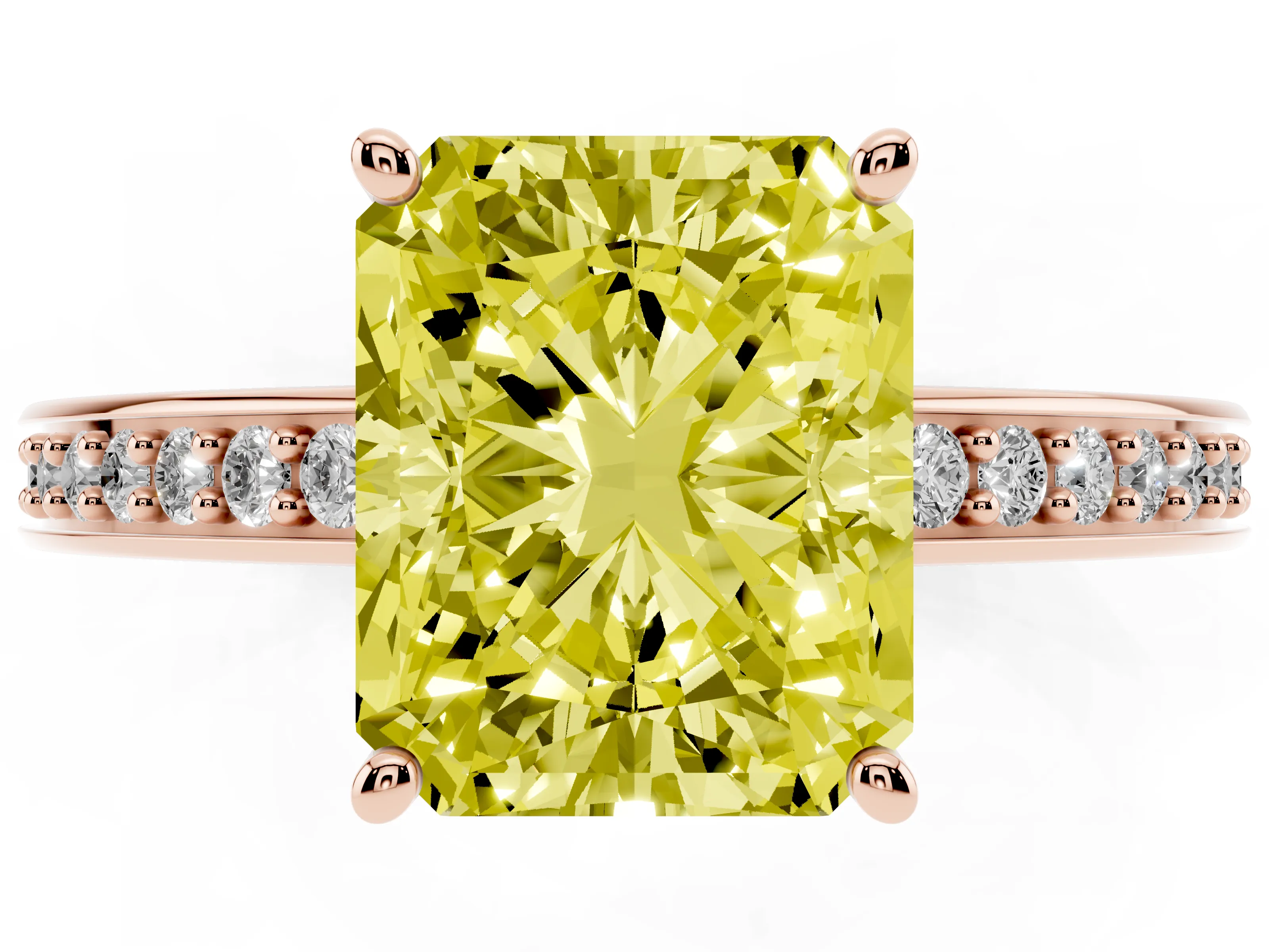 Fancy Yellow Radiant Cut Diamond Pavé Band Prong Set Solitaire Ring Set in Rose gold