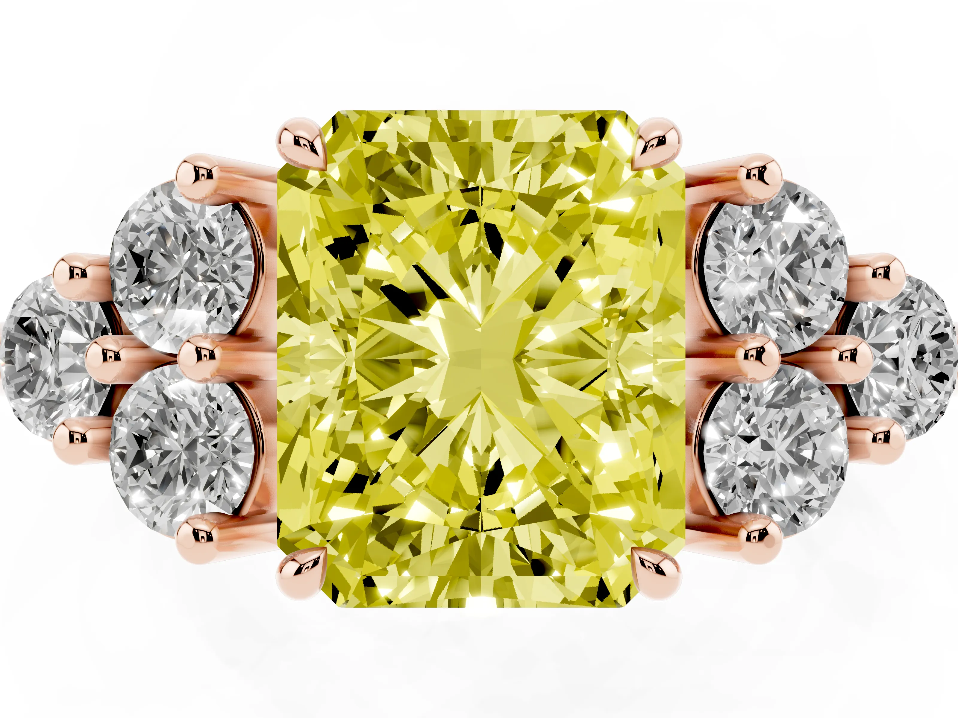 Fancy Yellow Radiant Cut Diamond Solitaire Ring Set in Rose gold with Cluster Accents on Each Side