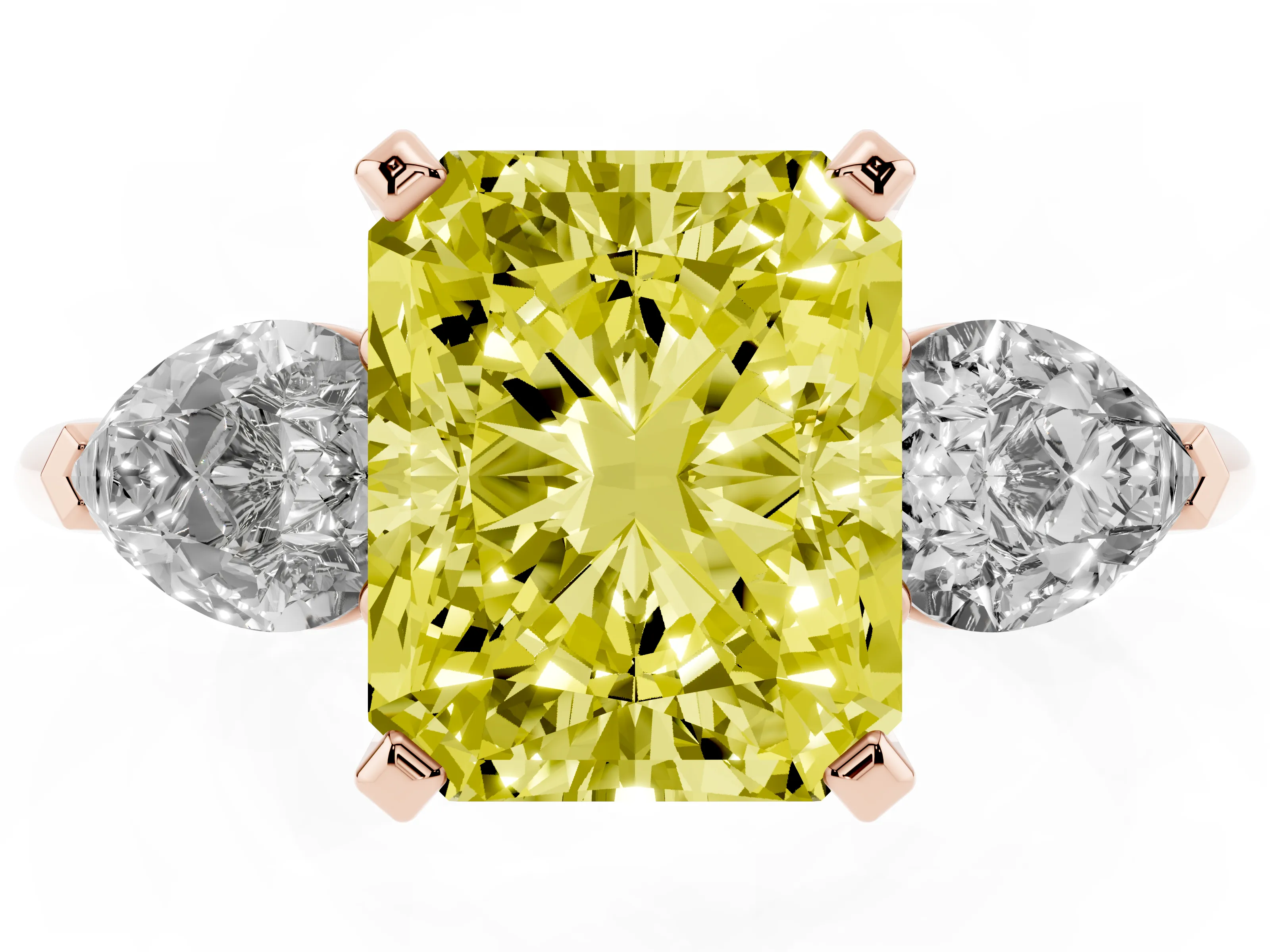 Fancy Yellow Three-Stone Radiant Cut Diamond Ring Set in Rose gold with Pear Side Stones and Prong Setting