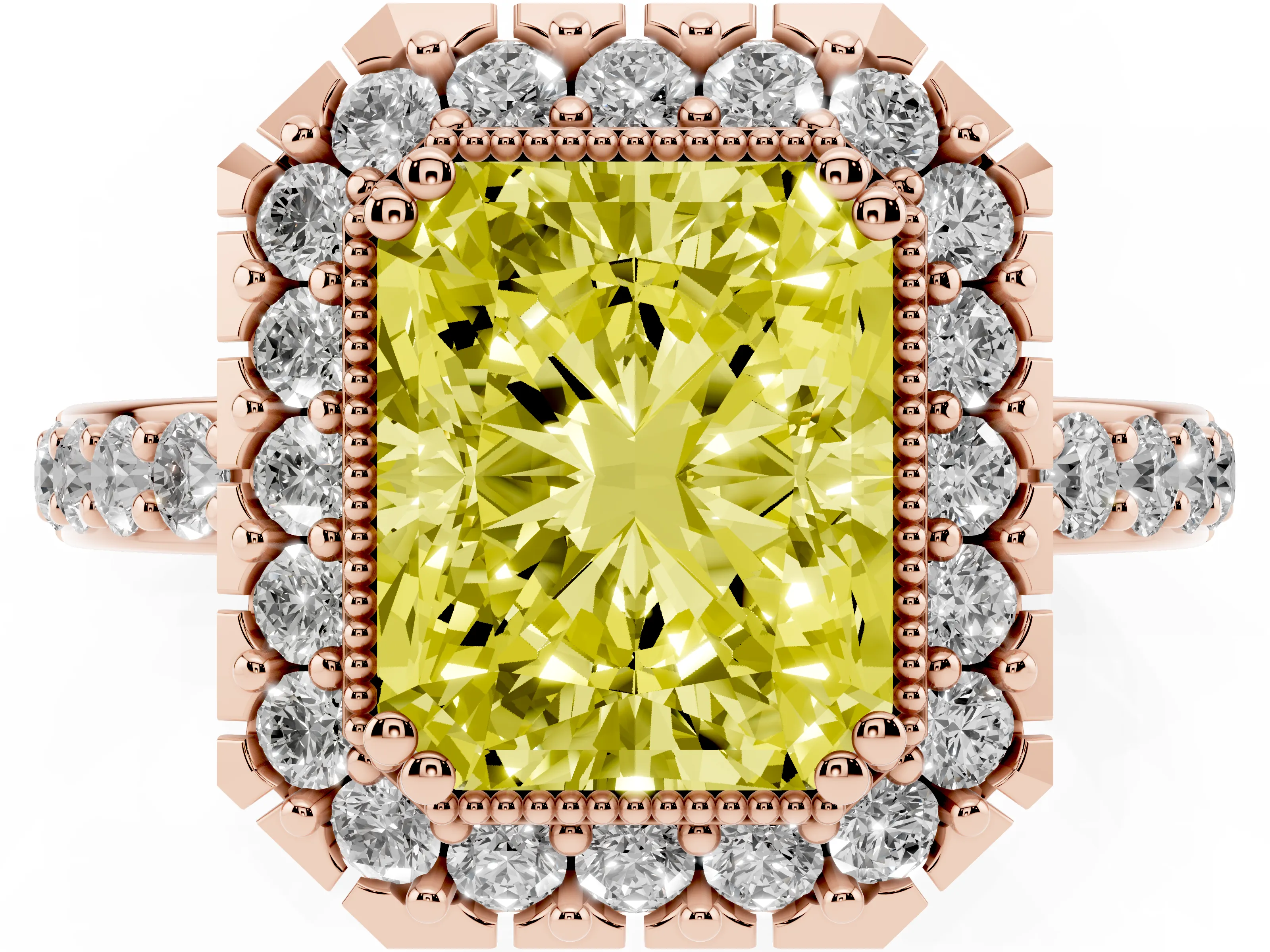 Fancy Yellow Radiant Cut Diamond Halo Ring Set in Rose gold with Pavé Shank and Prong Setting