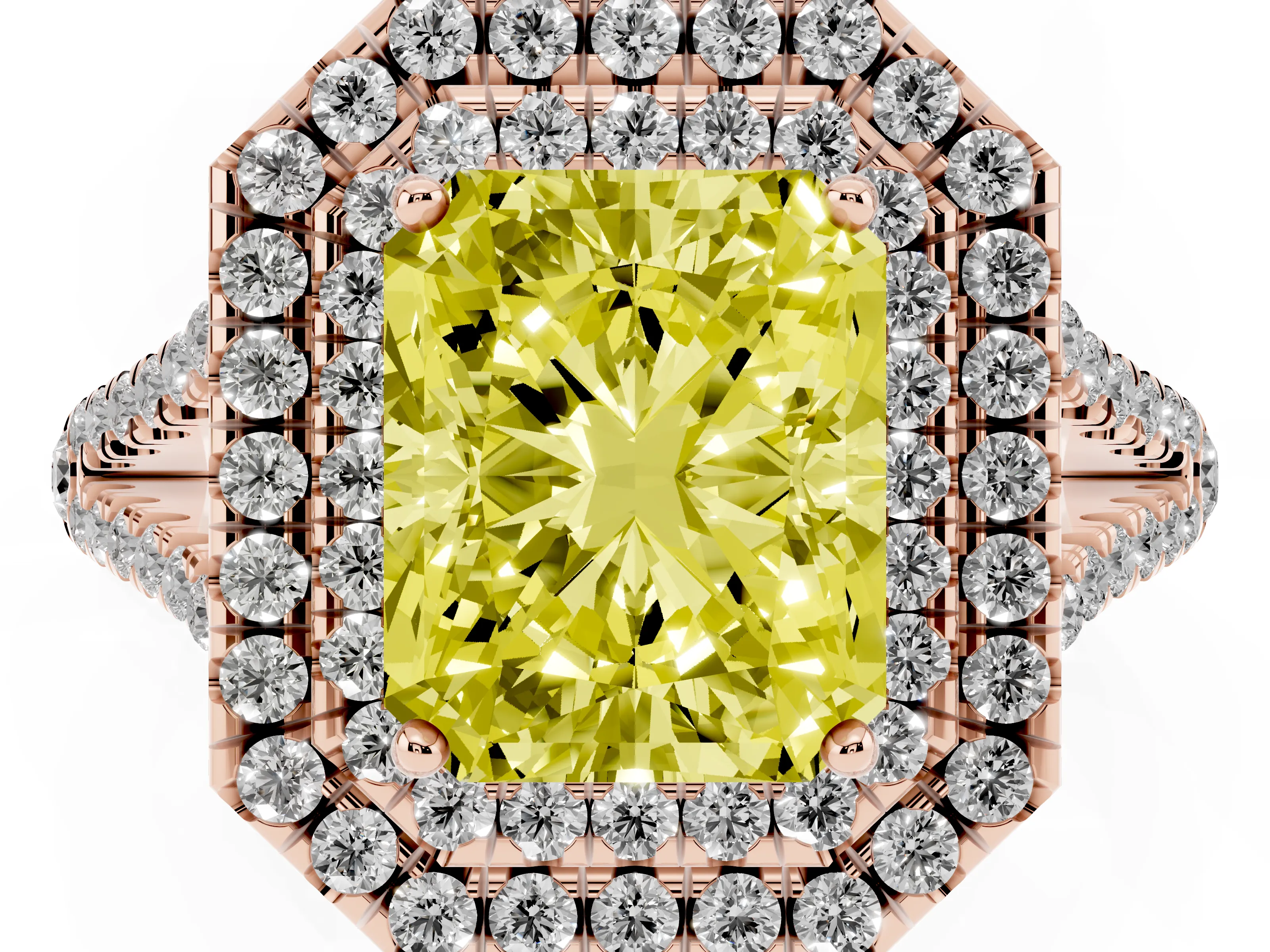 Fancy Yellow Radiant Cut Diamond Double Halo Ring Set in Rose gold with Pavé Band