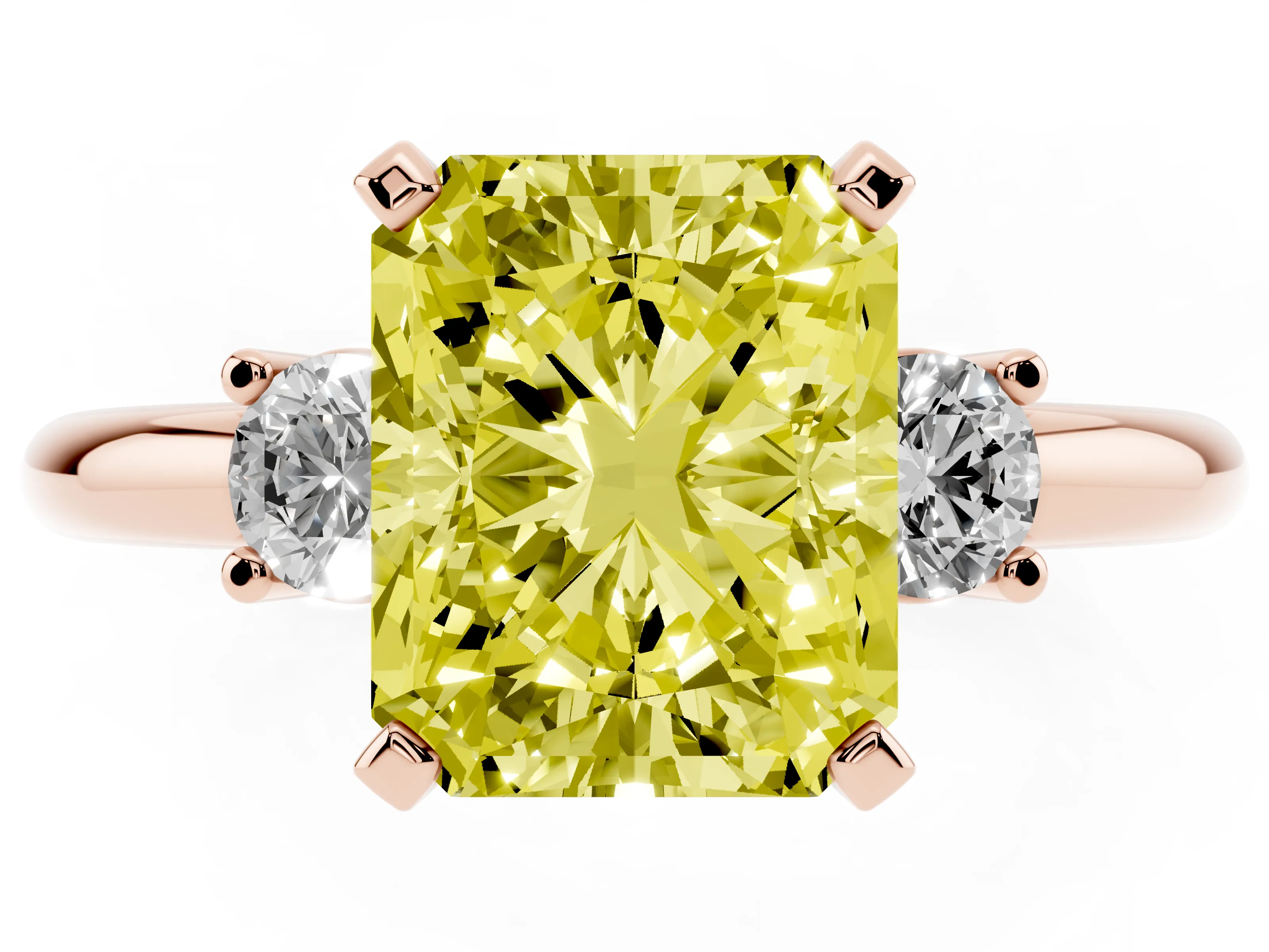 Fancy Yellow Three-Stone Radiant Cut Diamond Ring Set in Rose gold with Prong Setting and Plain Band