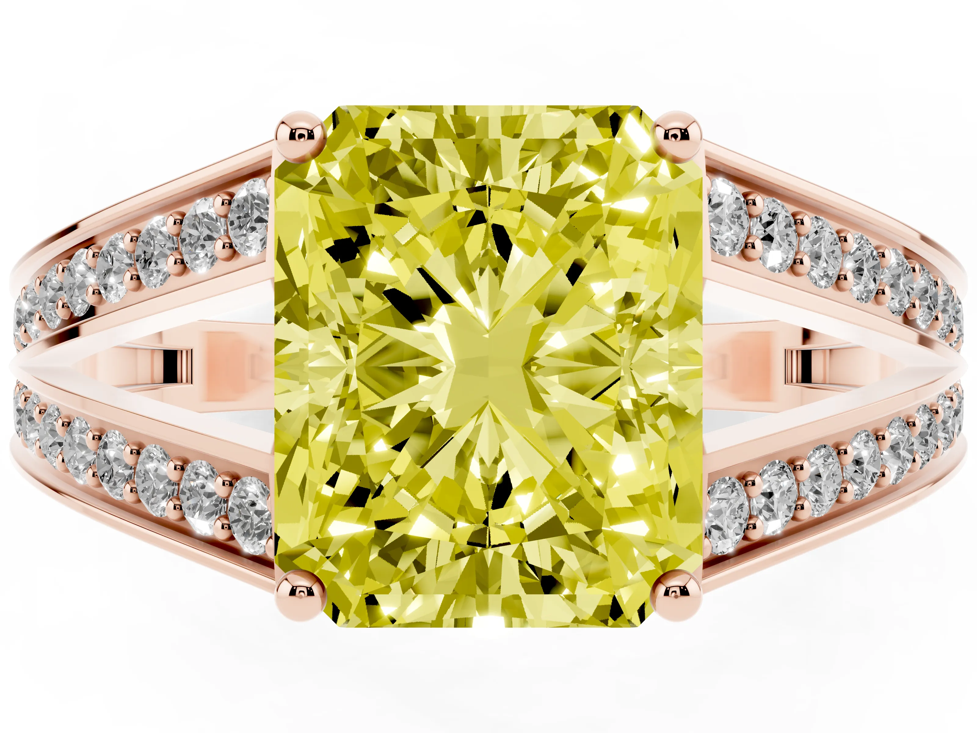 Fancy Yellow Radiant Cut Diamond Split Shank Ring Set in Rose gold with Pavé Band and Prong Setting