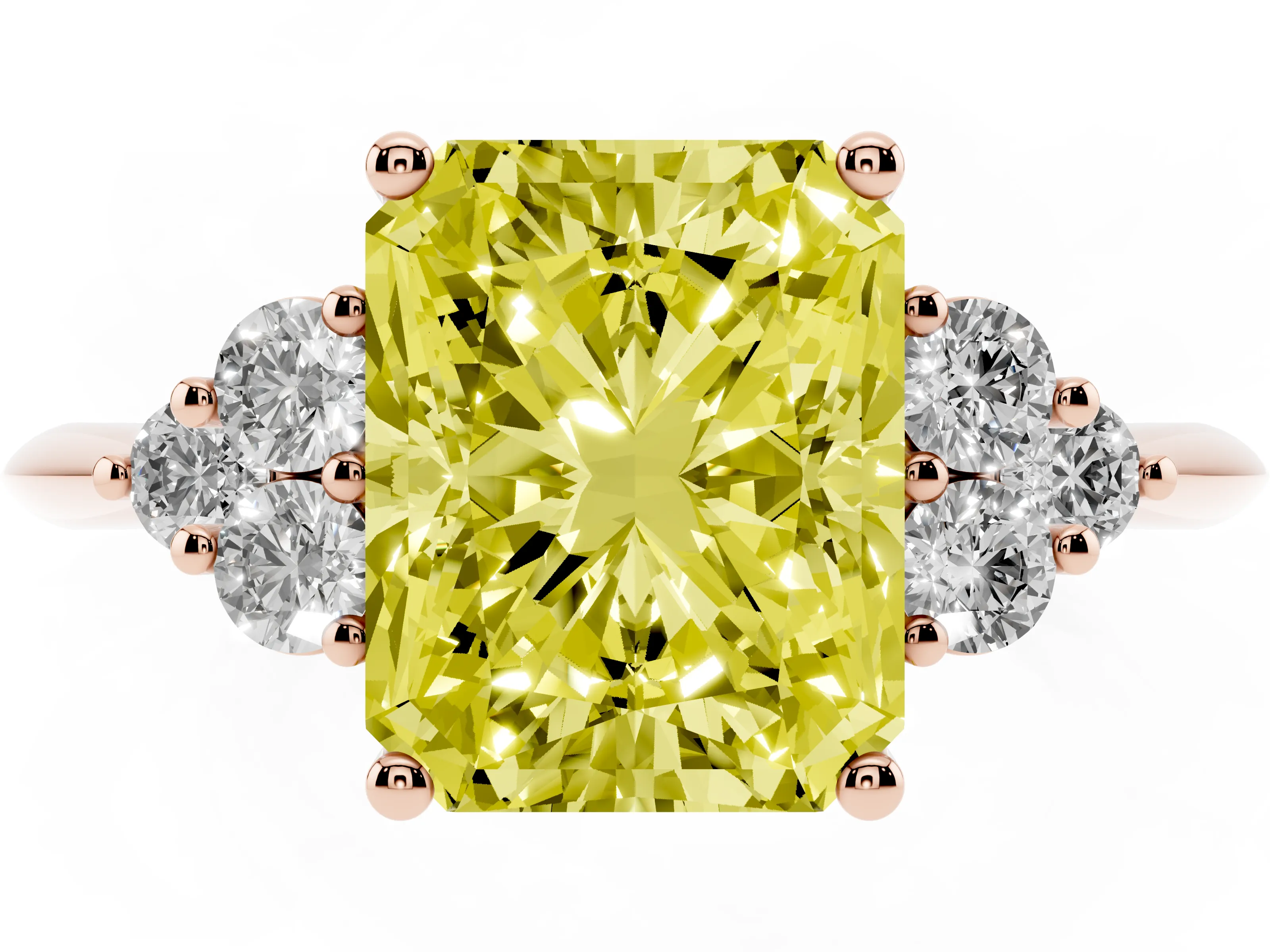 Fancy Yellow Radiant Cut Diamond Cluster Ring Set in Rose gold with Plain Band and Prong Setting
