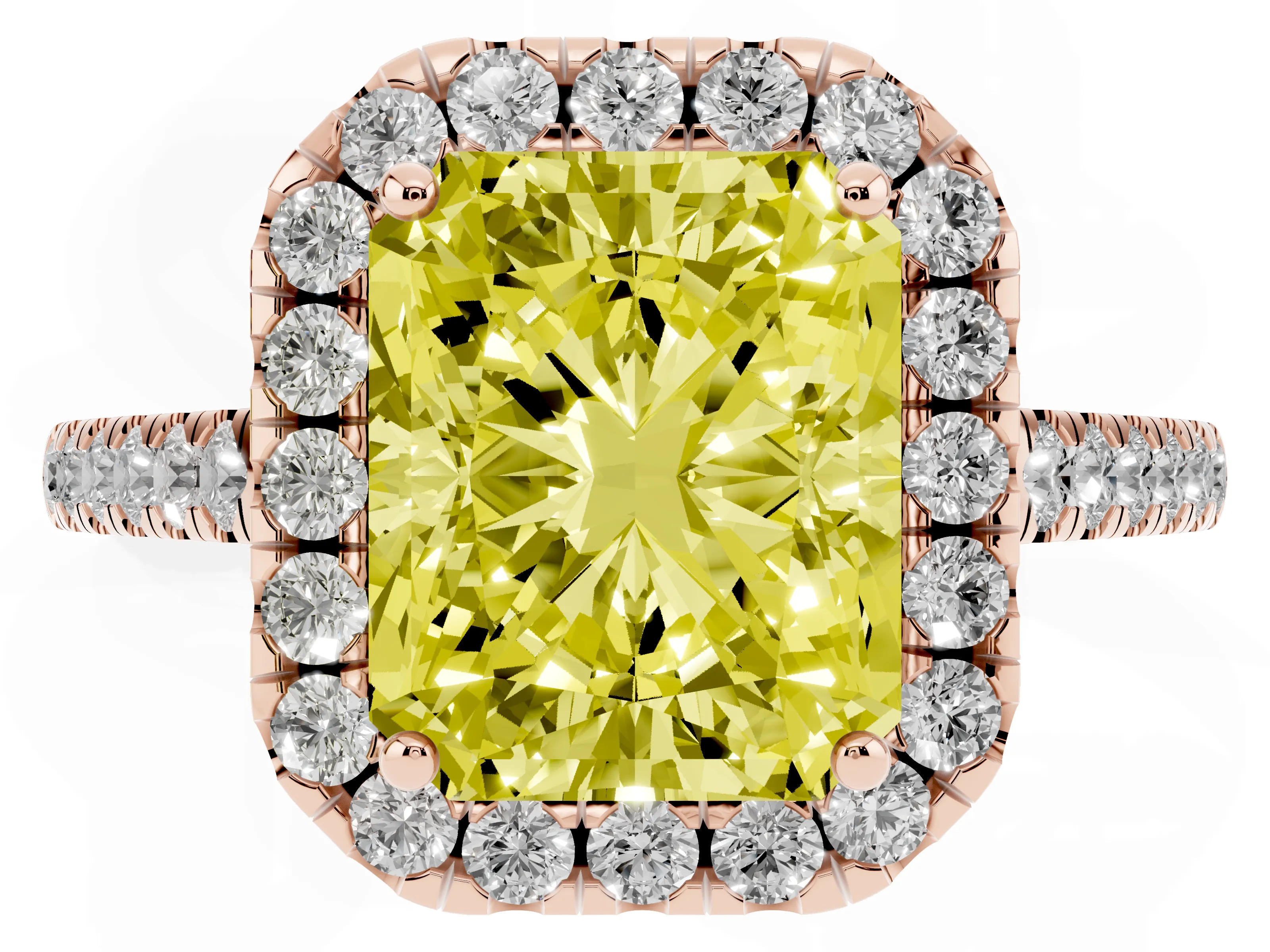 Fancy Yellow Radiant Cut Diamond Pavé Halo Engagement Ring Set in Rose gold with Pavé Band and Prong Setting