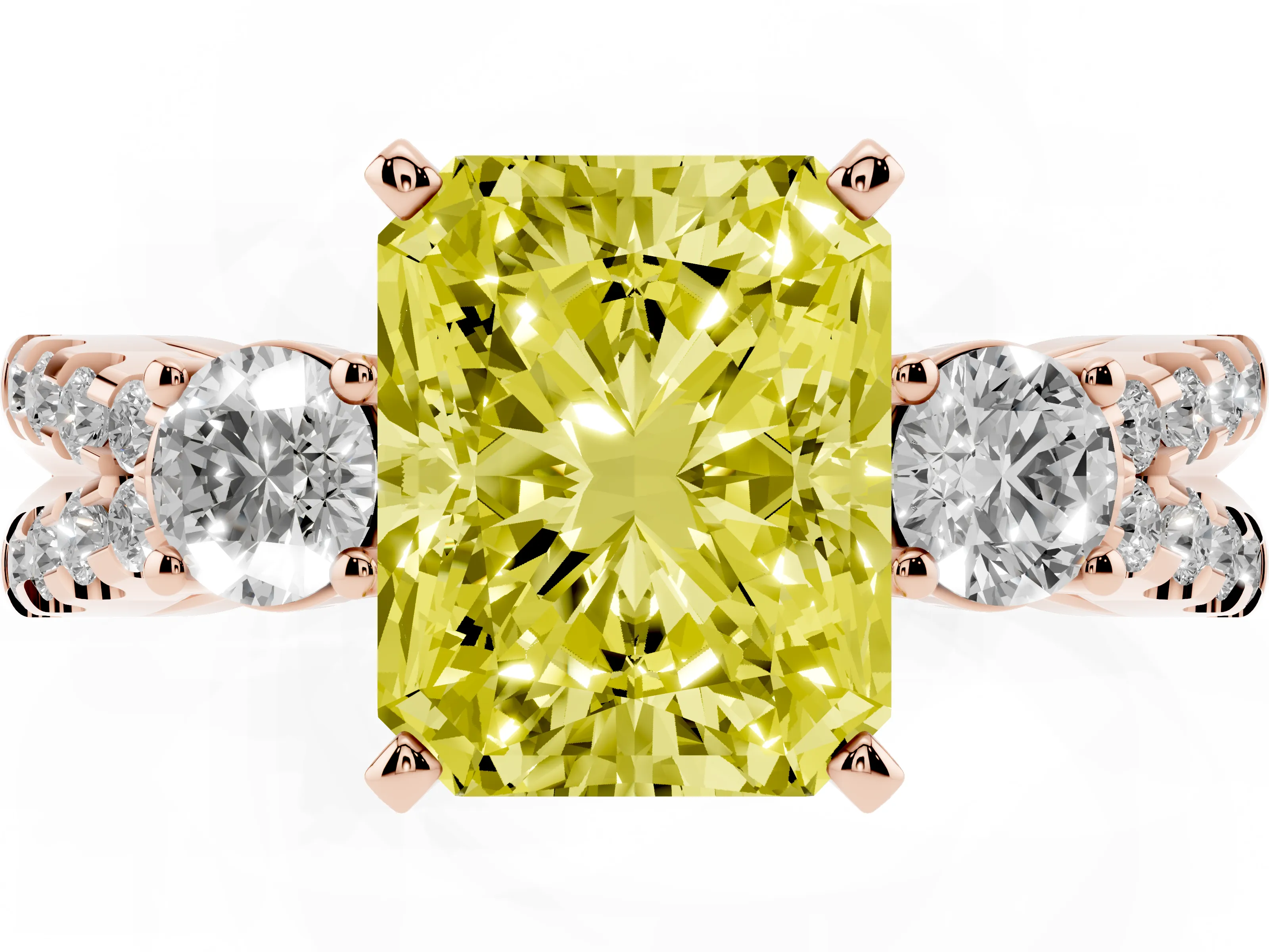 Fancy Yellow Radiant Cut Diamond Three-Stone Ring Set in Rose gold with Pavé Split Shank and Prong Setting