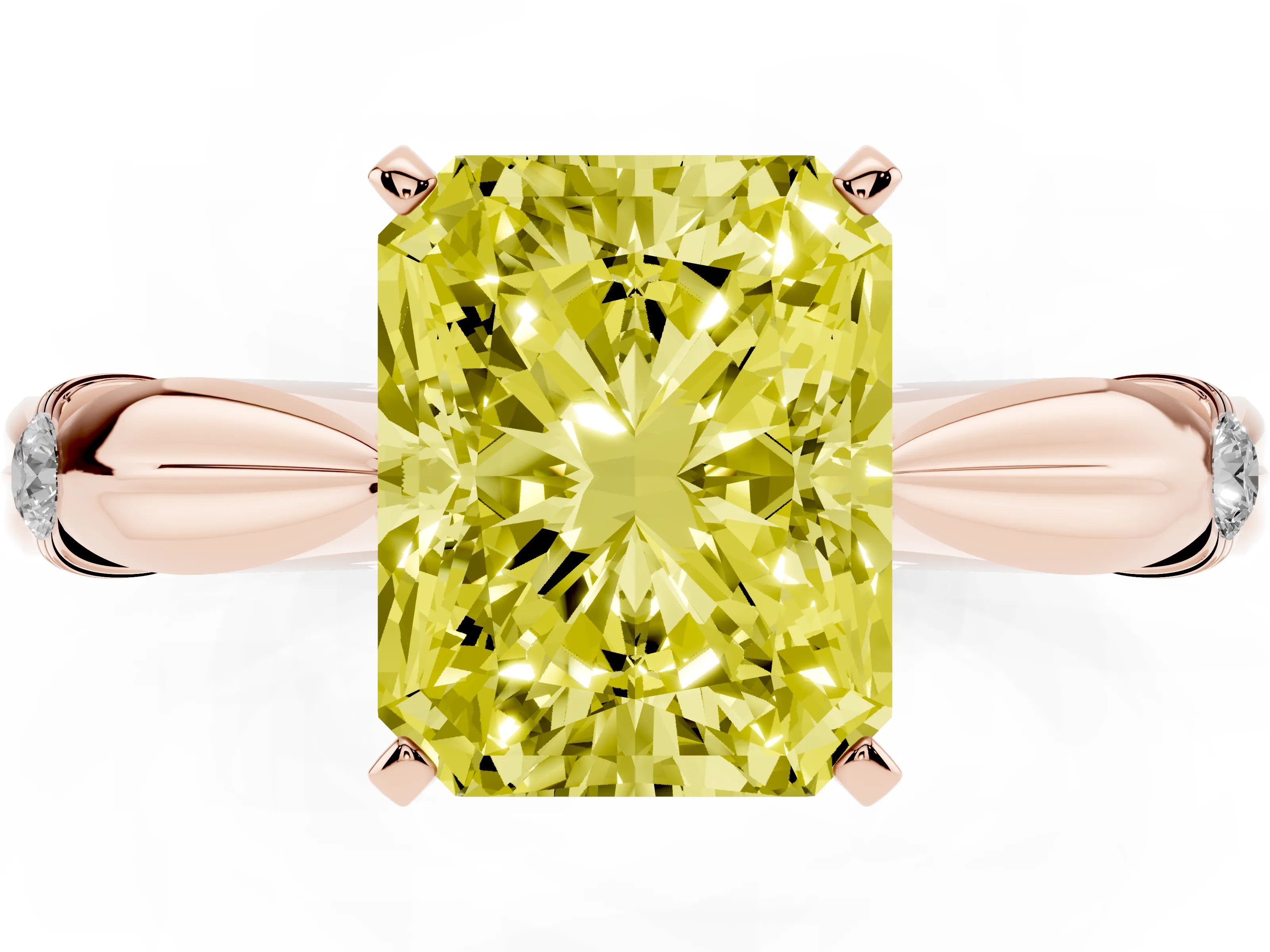 Fancy Yellow Radiant Cut Diamond Solitaire Twisted Band Ring Set in Rose gold with Accent Stones and Prong Setting