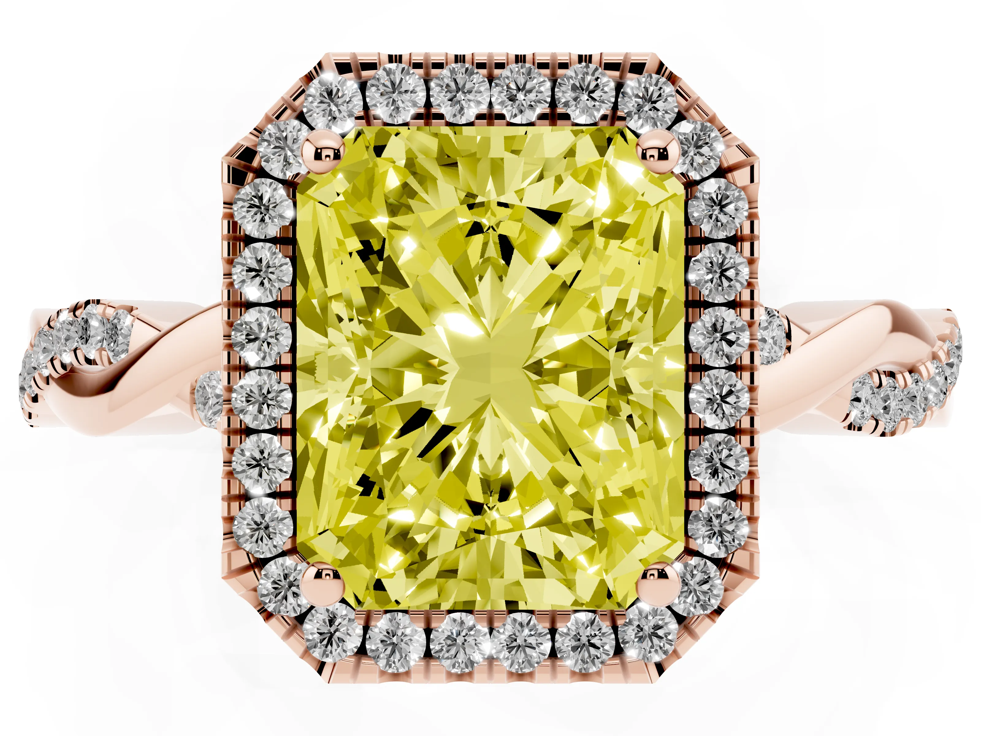 Fancy Yellow Radiant Cut Diamond Halo Twisted Band Ring Set in Rose gold with Prong Setting