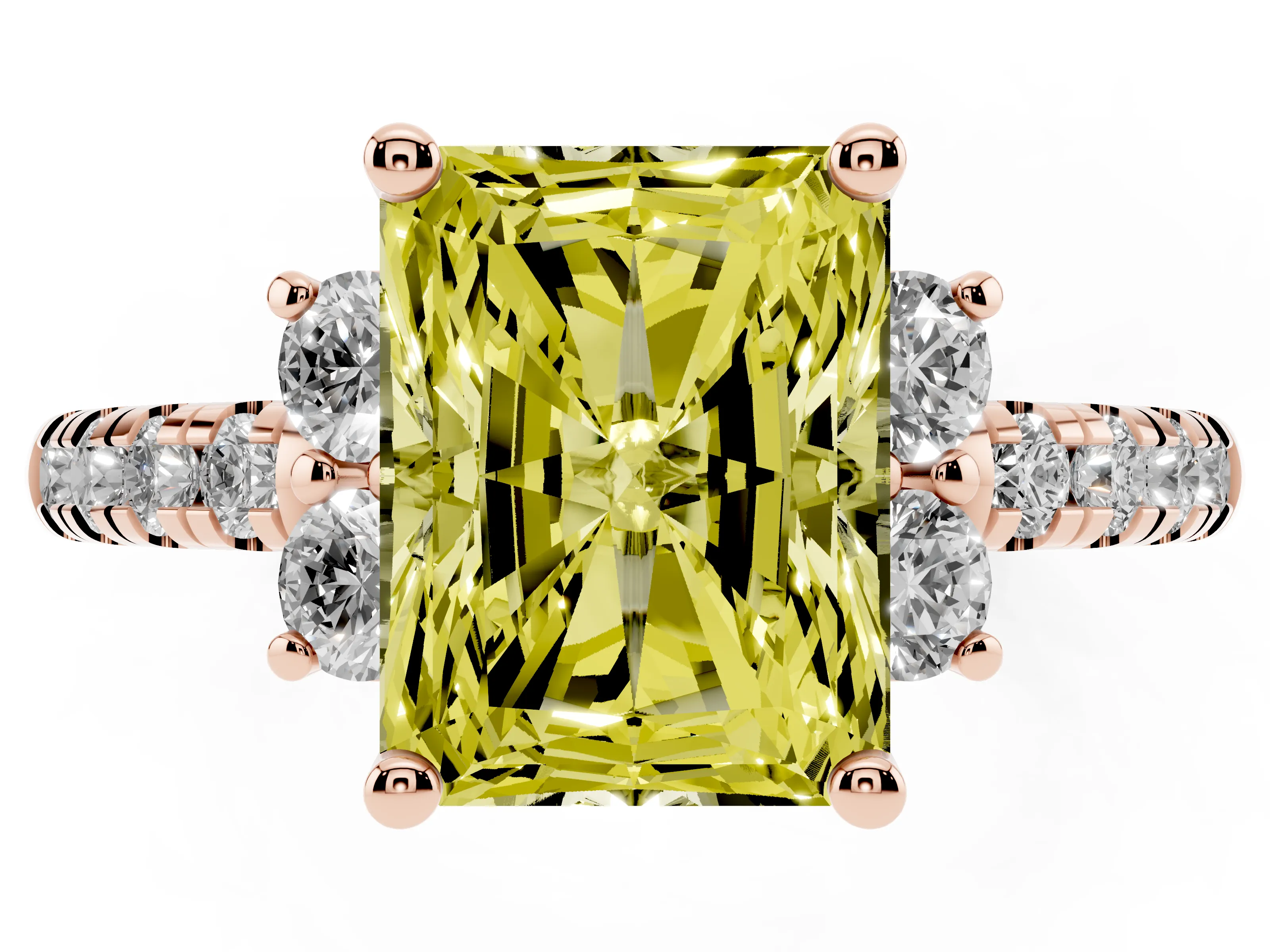 Fancy Yellow Radiant Cut Diamond Three-Stone Pavé Ring Set in Rose gold with Prong Setting