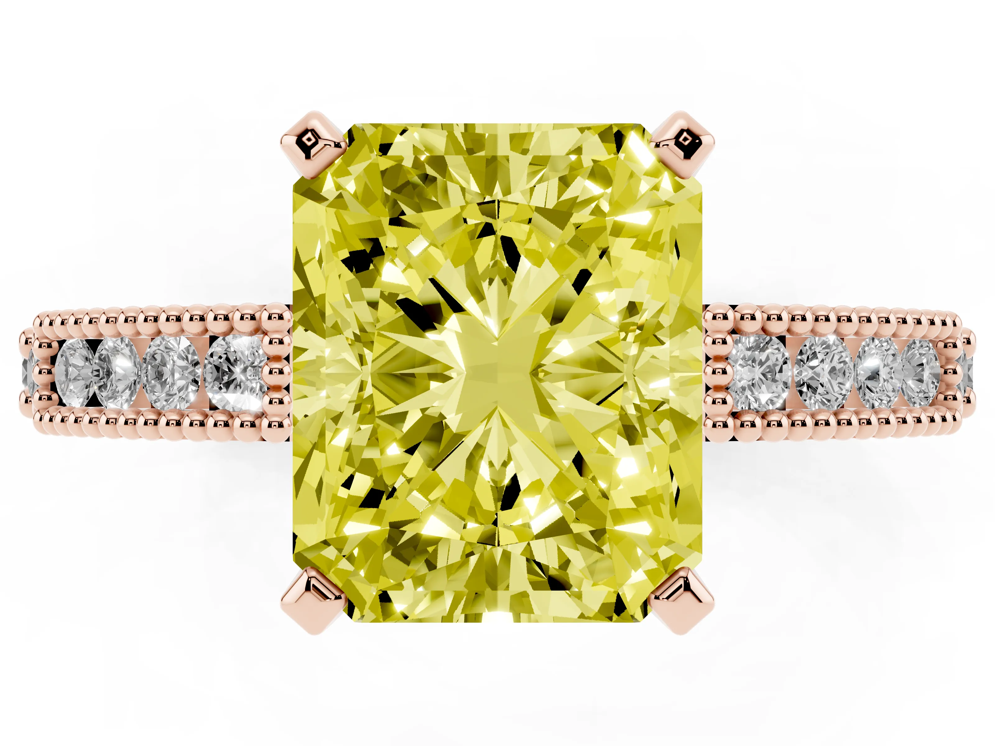 Fancy Yellow Radiant Cut Diamond Solitaire Ring Set in Rose gold with Slim Pavé Band and Prong Setting