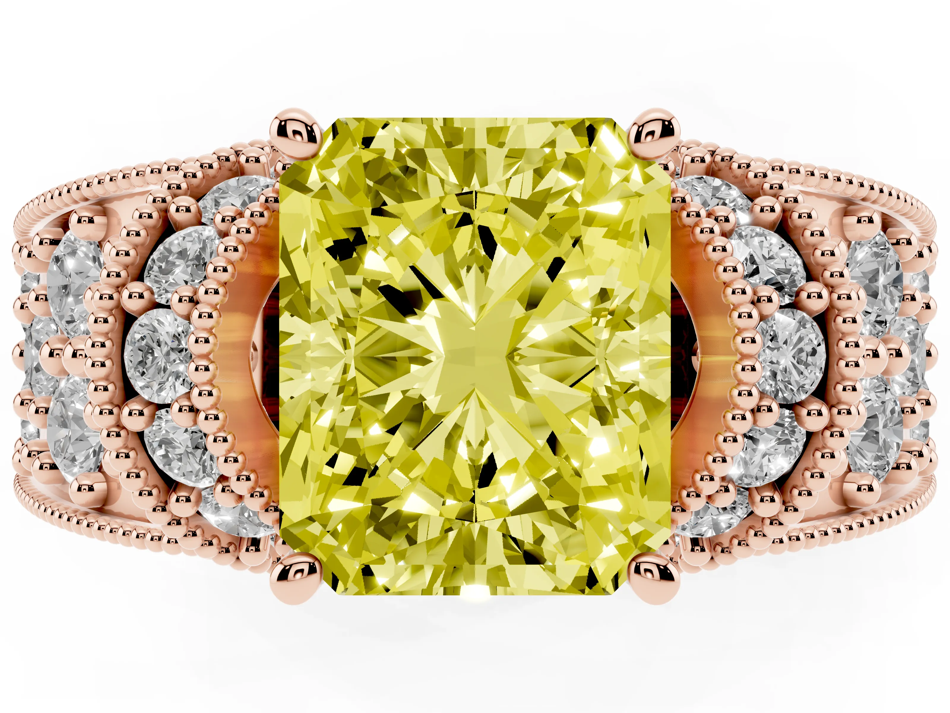 Fancy Yellow Radiant Cut Diamond Milgrain Halo Pavé Engagement Ring Set in Rose gold with Prong Setting