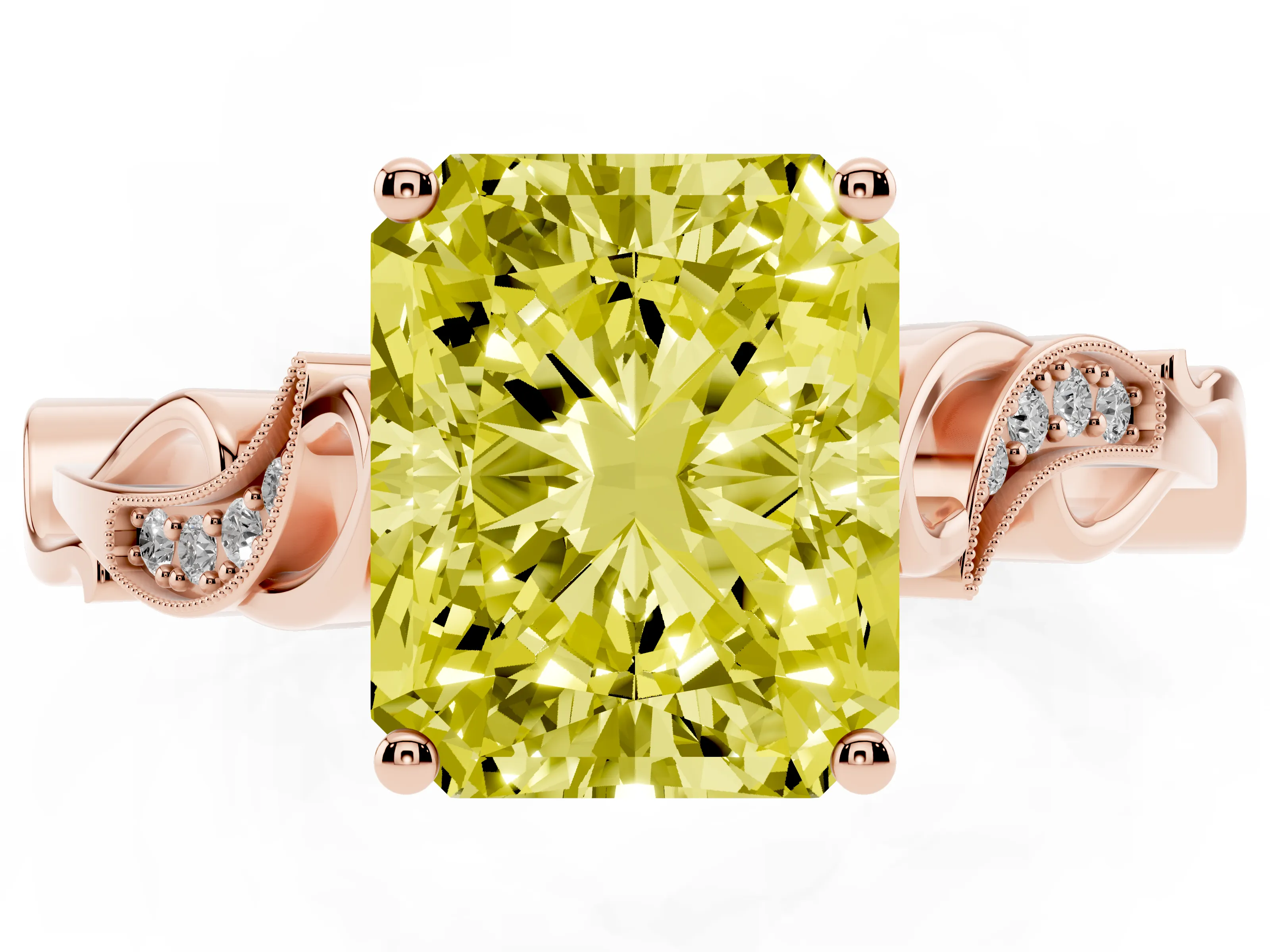Fancy Yellow Radiant Cut Diamond Vine Band Solitaire Ring Set in Rose gold with Milgrain Prong Setting