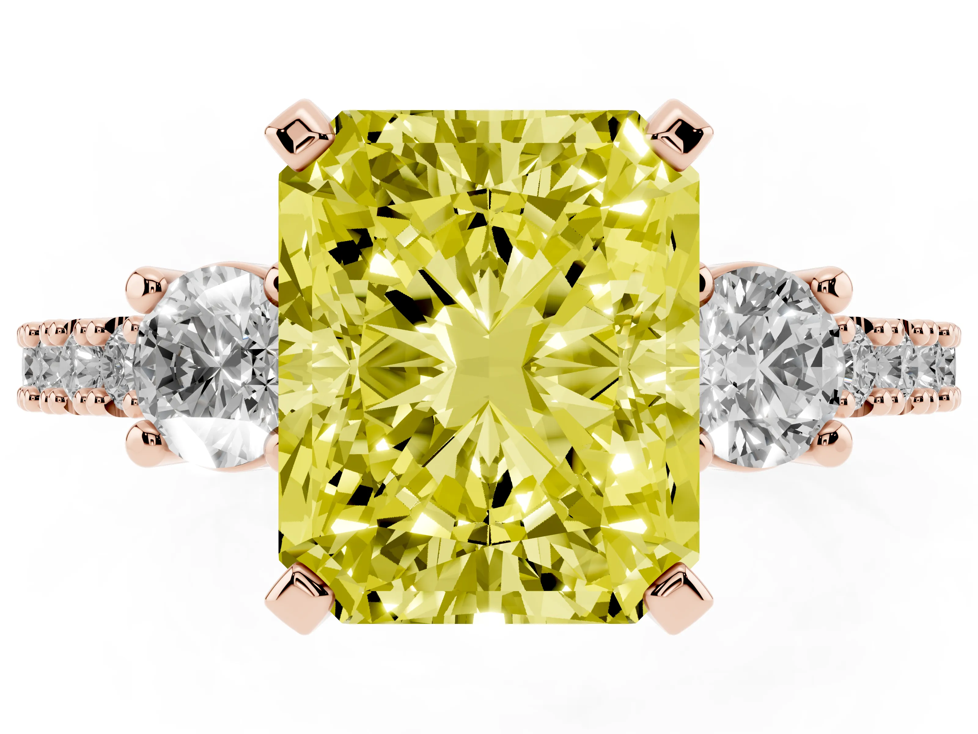 Fancy Yellow Three-Stone Radiant Cut Diamond Pavé Band Ring Set in Rose gold with Prong Setting