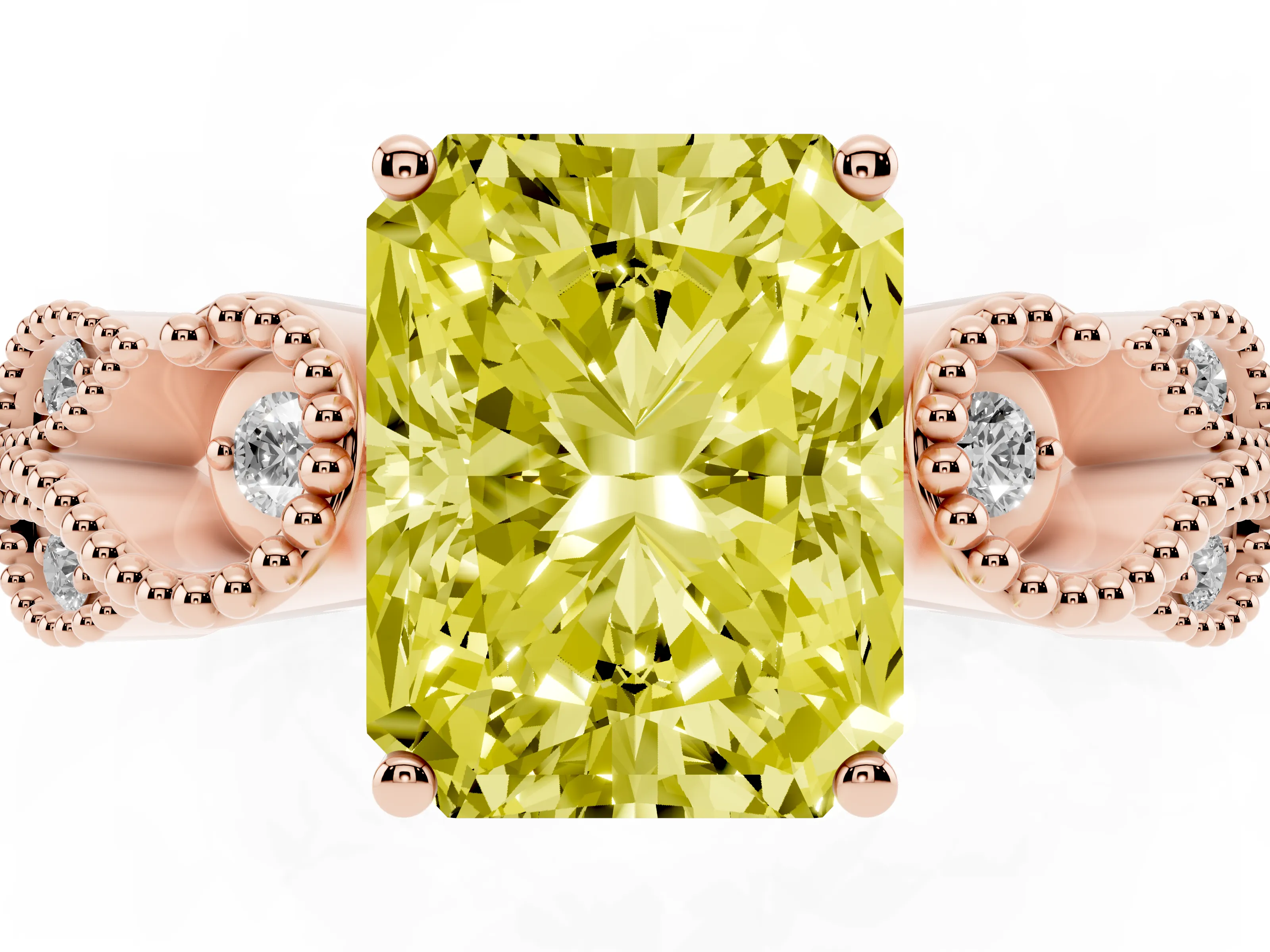 Fancy Yellow Radiant Cut Diamond Milgrain Leaf Band Solitaire Ring Set in Rose gold with Accent Stones and Prong Setting