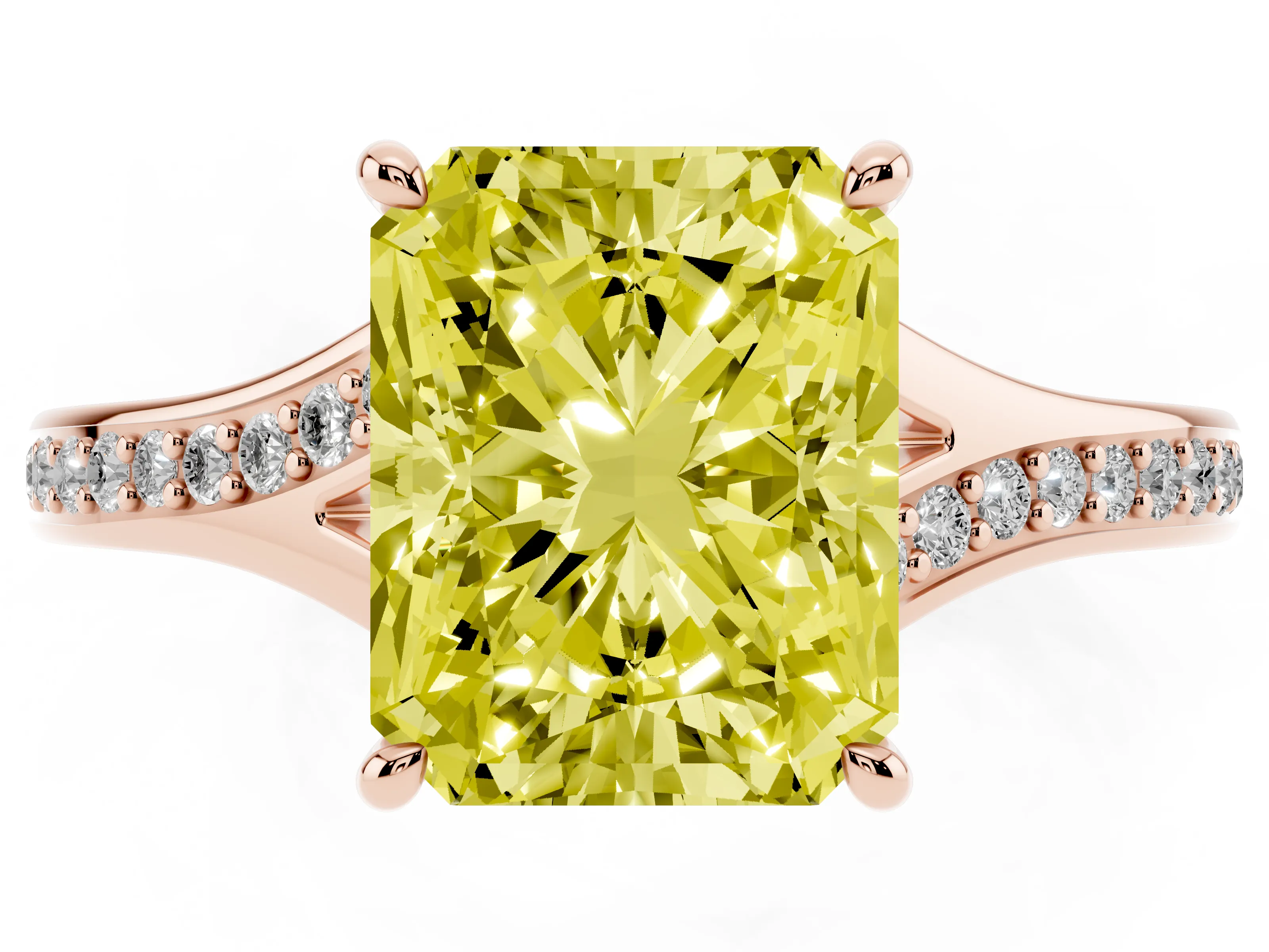 Fancy Yellow Radiant Cut Diamond Solitaire Ring Set in Rose gold with Pavé Accent Band and Classic Prong Setting