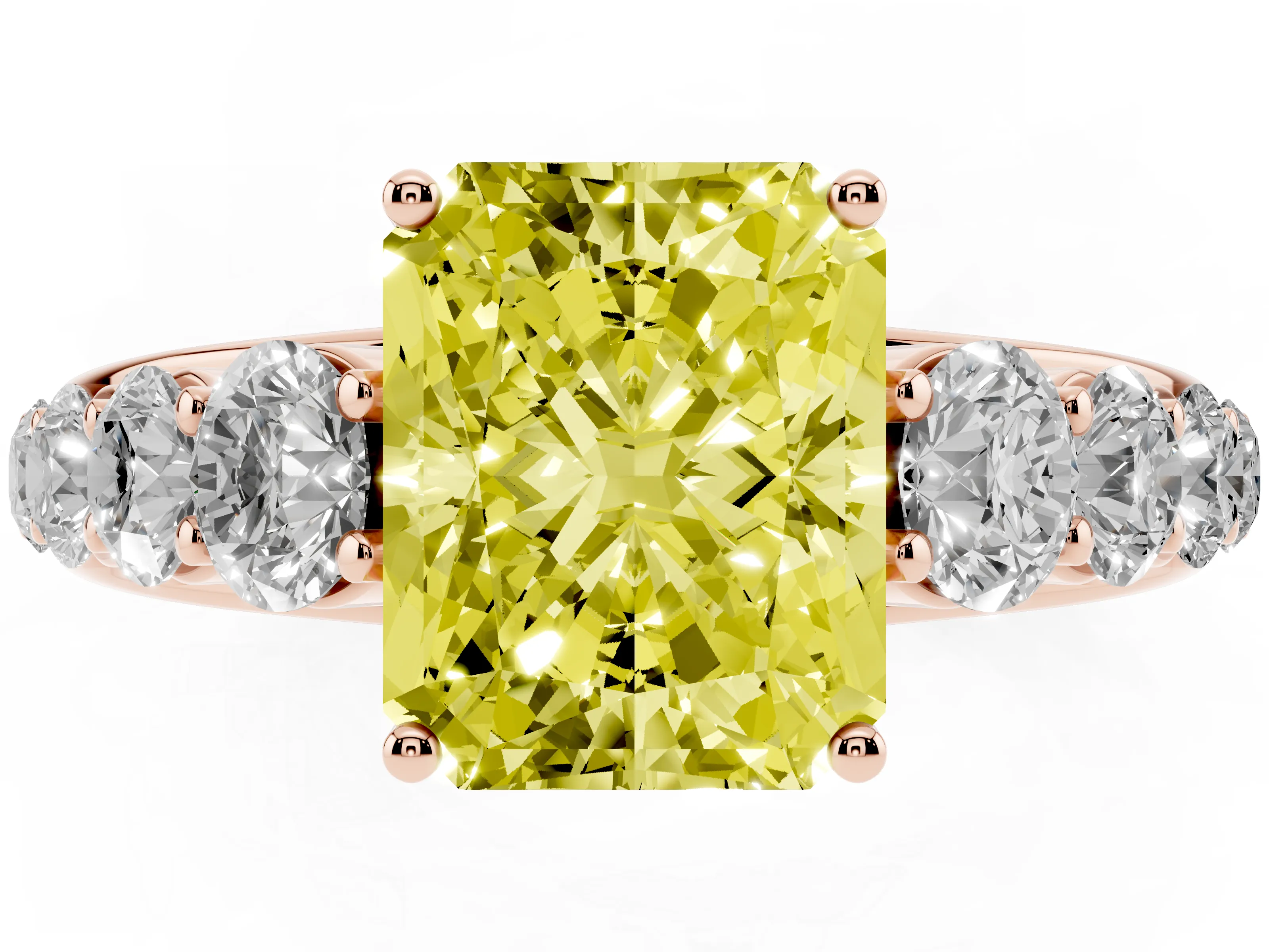 Fancy Yellow Radiant Cut Diamond Solitaire Ring Set in Rose gold with Pavé-Set Band and Prong Setting