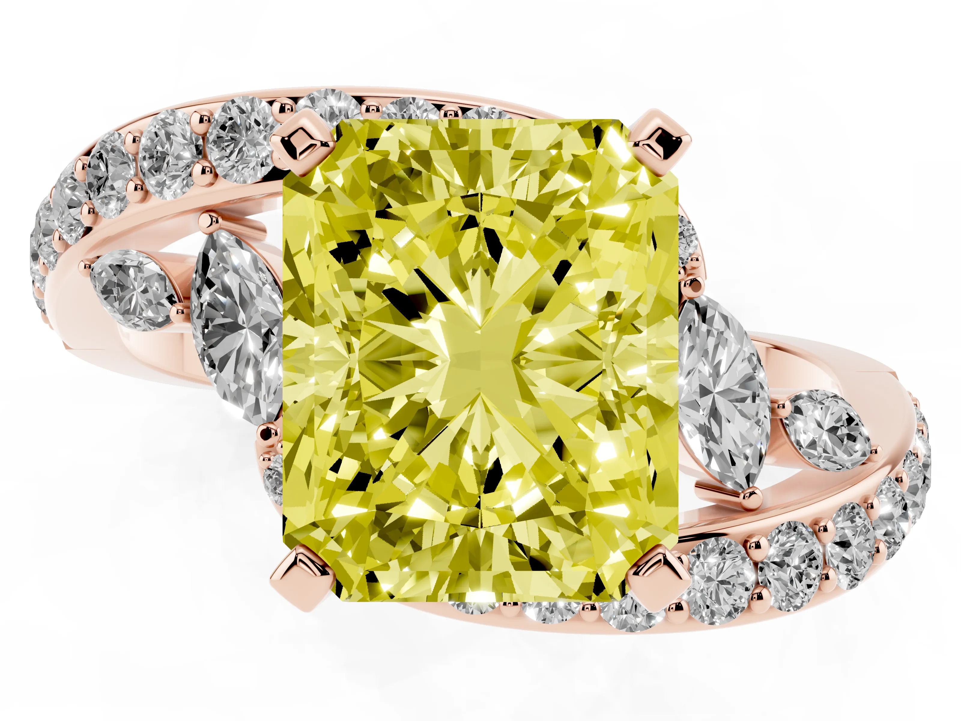 Fancy Yellow Radiant Cut Diamond Solitaire Ring Set in Rose gold with Pavé Twist Band and Secure Prong Setting