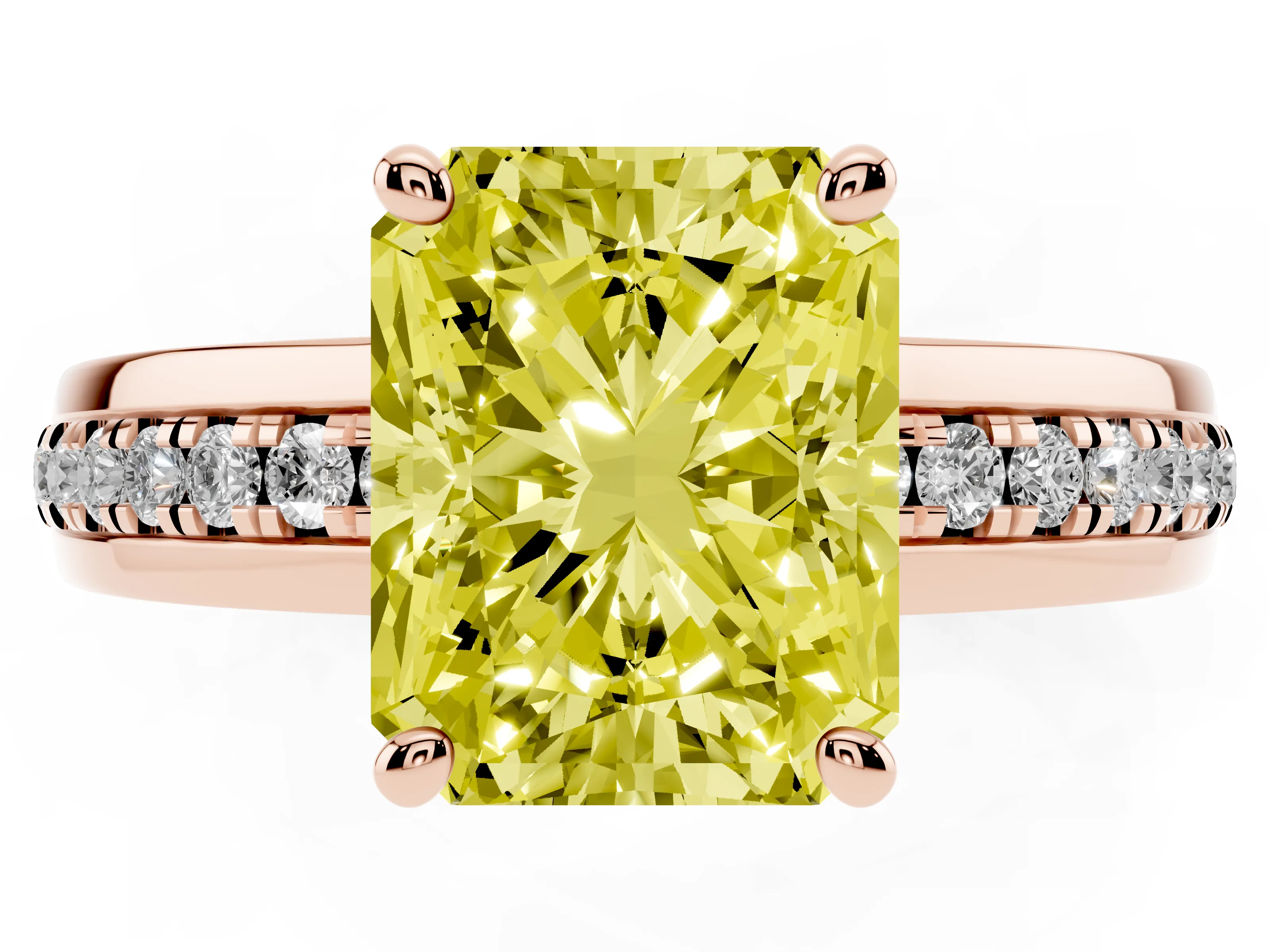 Fancy Yellow Radiant Cut Diamond Solitaire Ring Set in Rose gold with Channel Set Band and Prong Setting