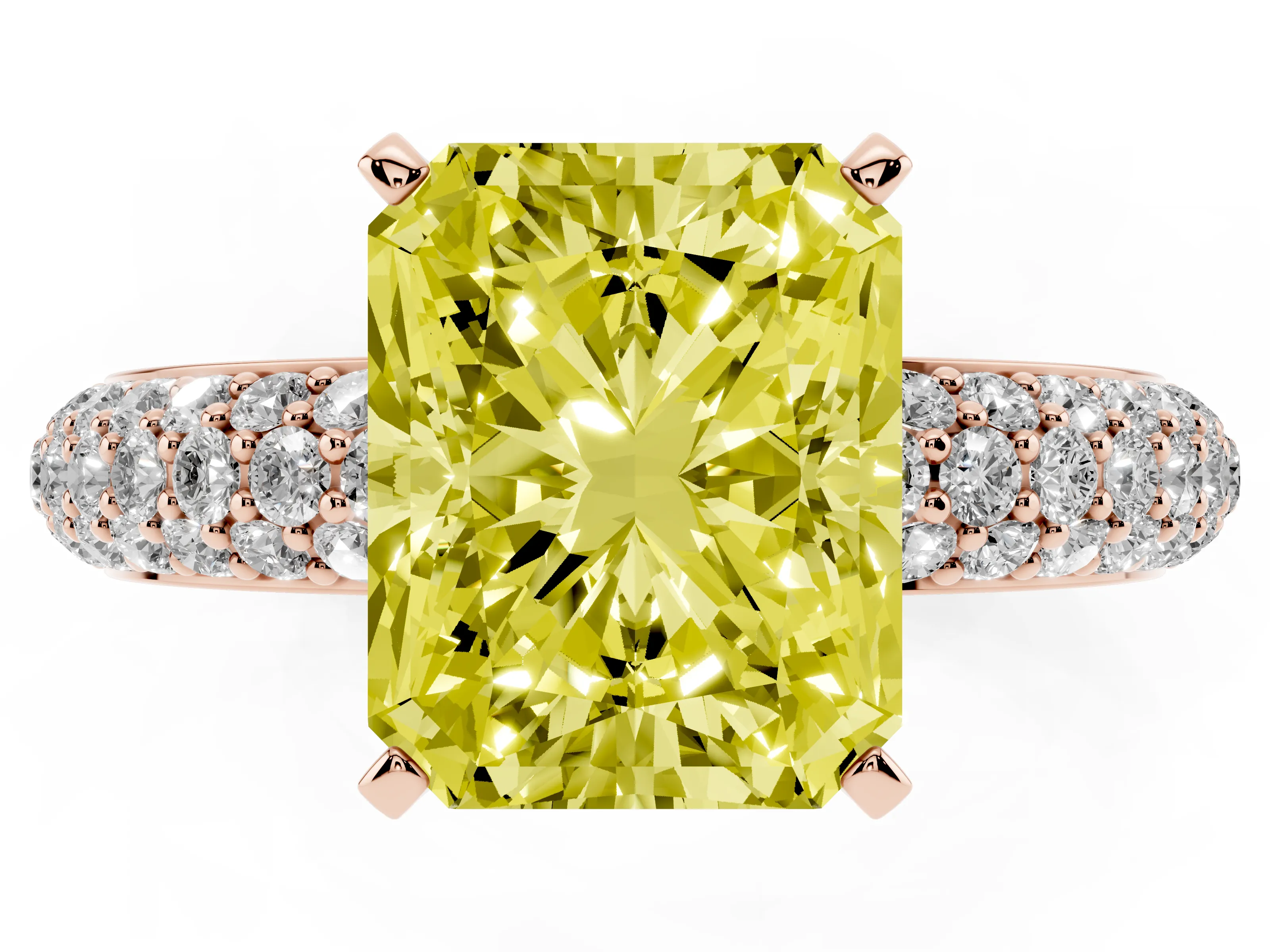 Fancy Yellow Radiant Cut Diamond Solitaire Ring Set in Rose gold with Prong Setting and Pavé-Set Band