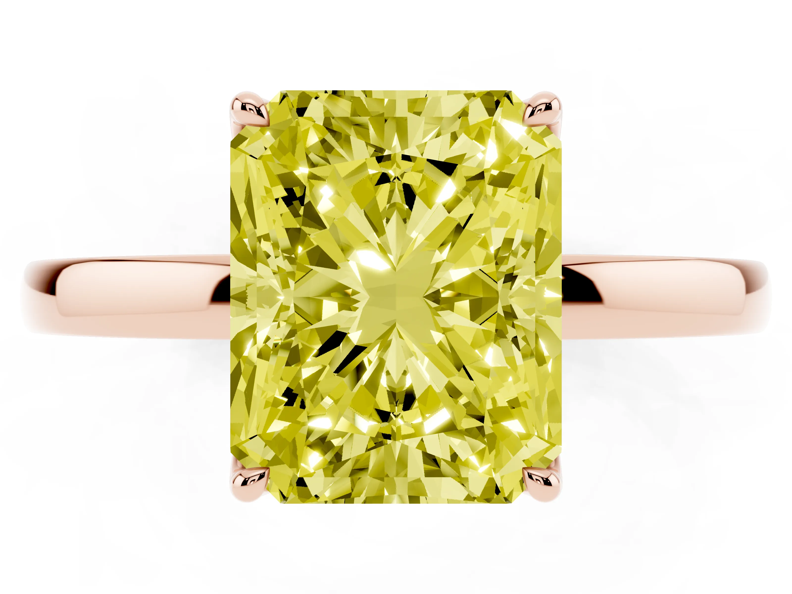 Fancy Yellow Radiant Cut Diamond Solitaire Ring Set in Rose gold with Prong Setting and Thin Polished Band
