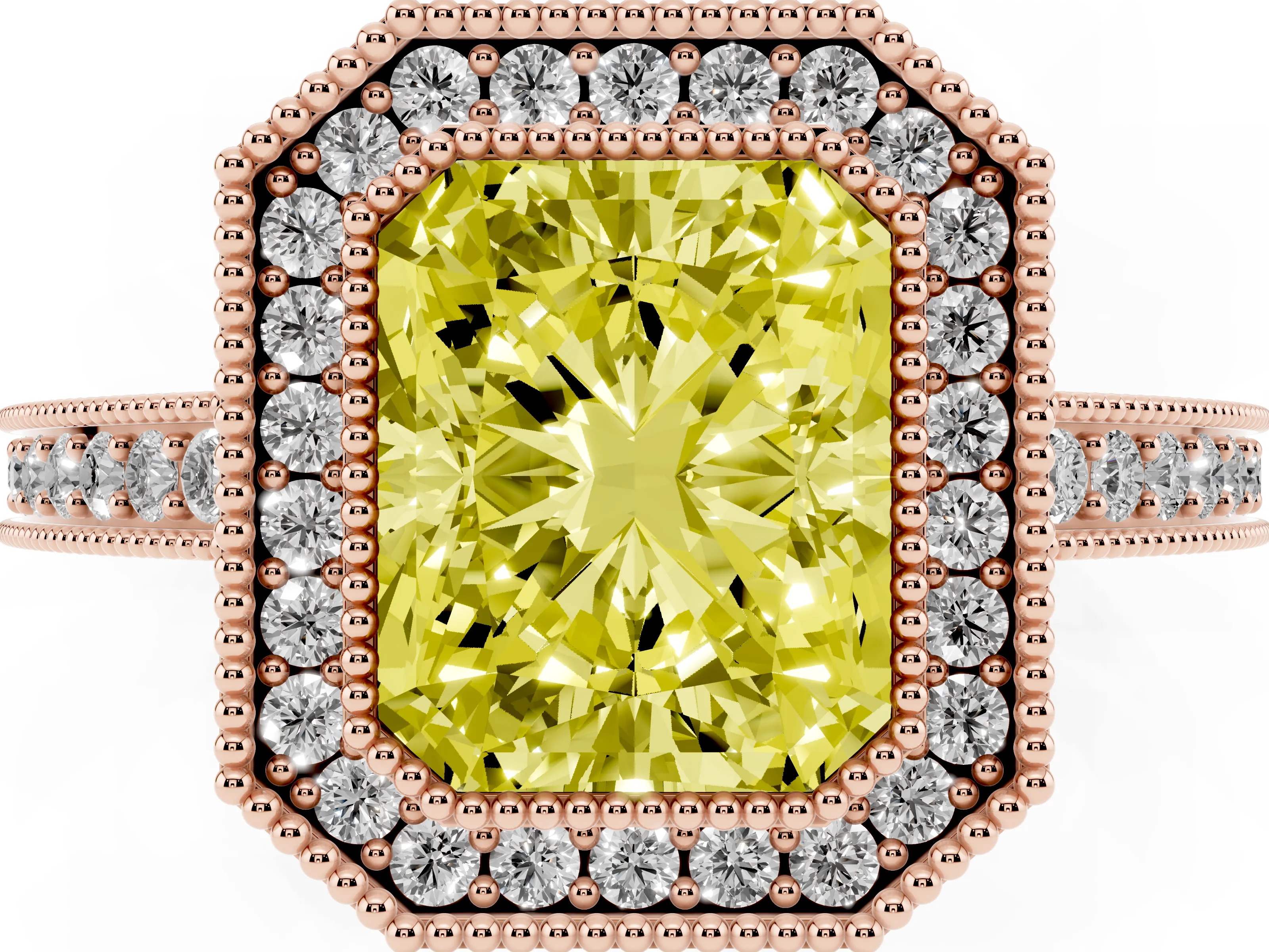 Fancy Yellow Radiant Cut Diamond Round Halo Ring Set in Rose gold with Pavé Band