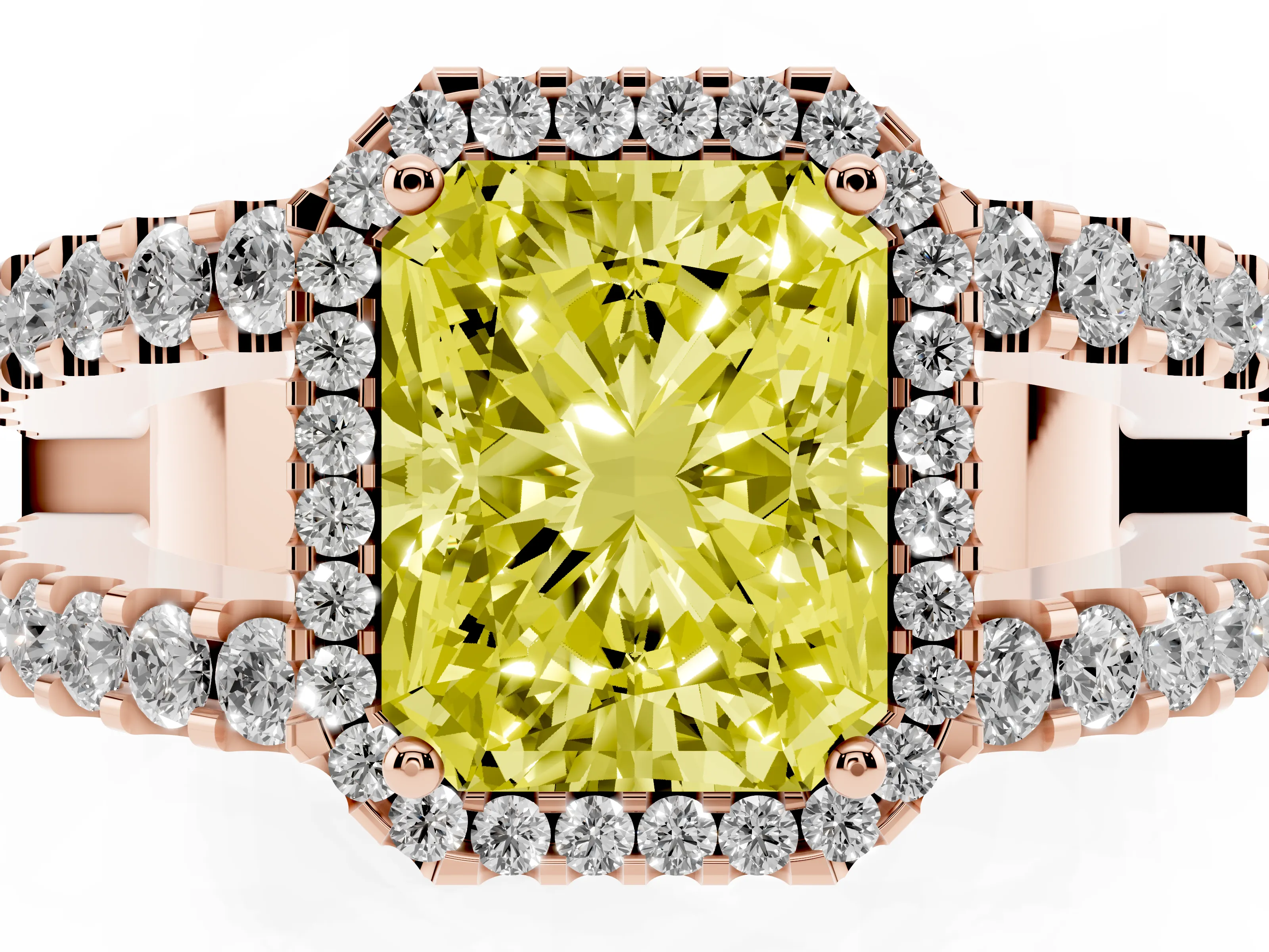 Fancy Yellow Radiant Cut Diamond Halo Ring Set in Rose gold with Pavé Split Shank and Prong Setting