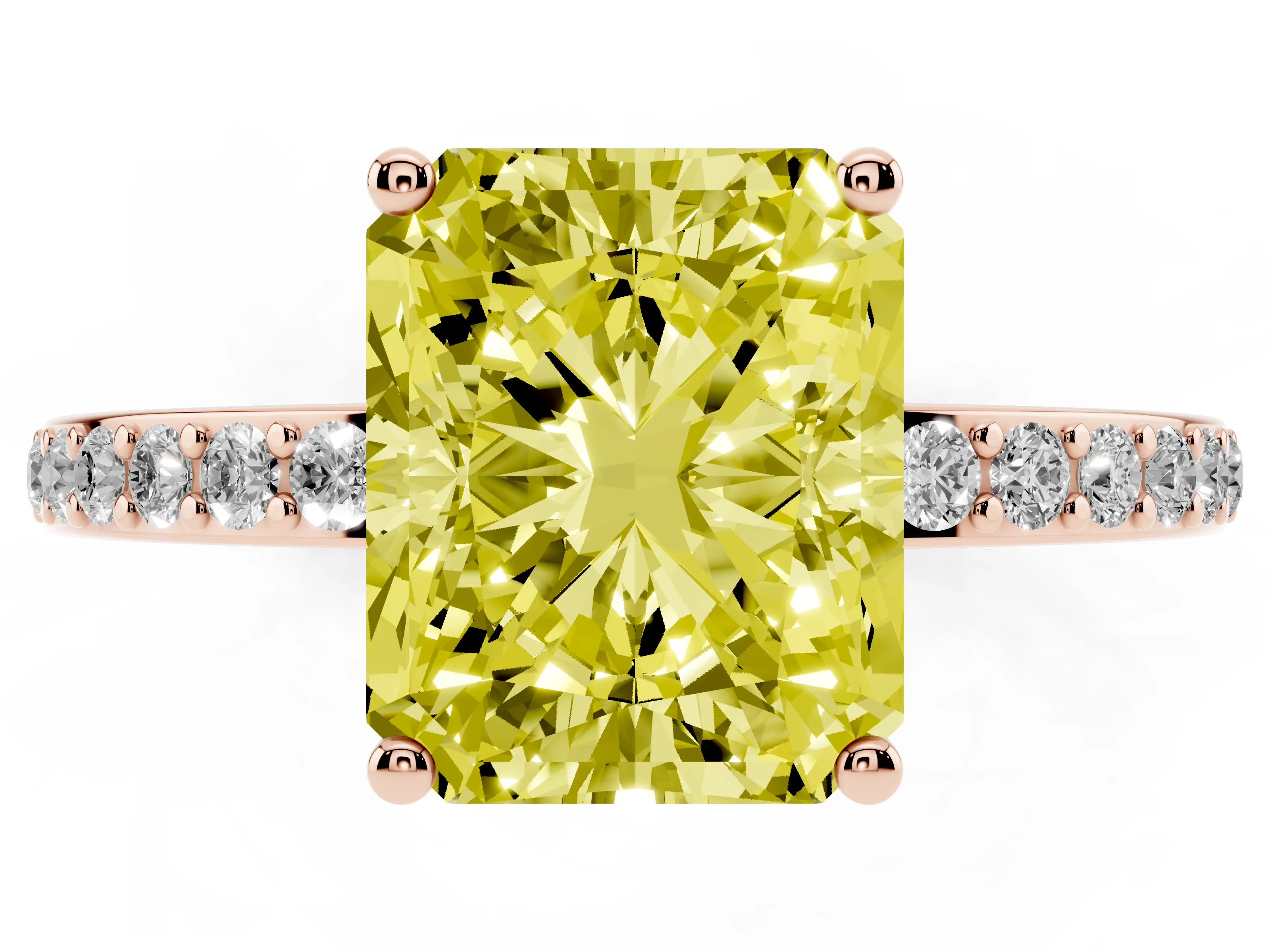 Fancy Yellow Radiant Cut Diamond Pavé Band Ring Set in Rose gold with Prong-Set Center Stone