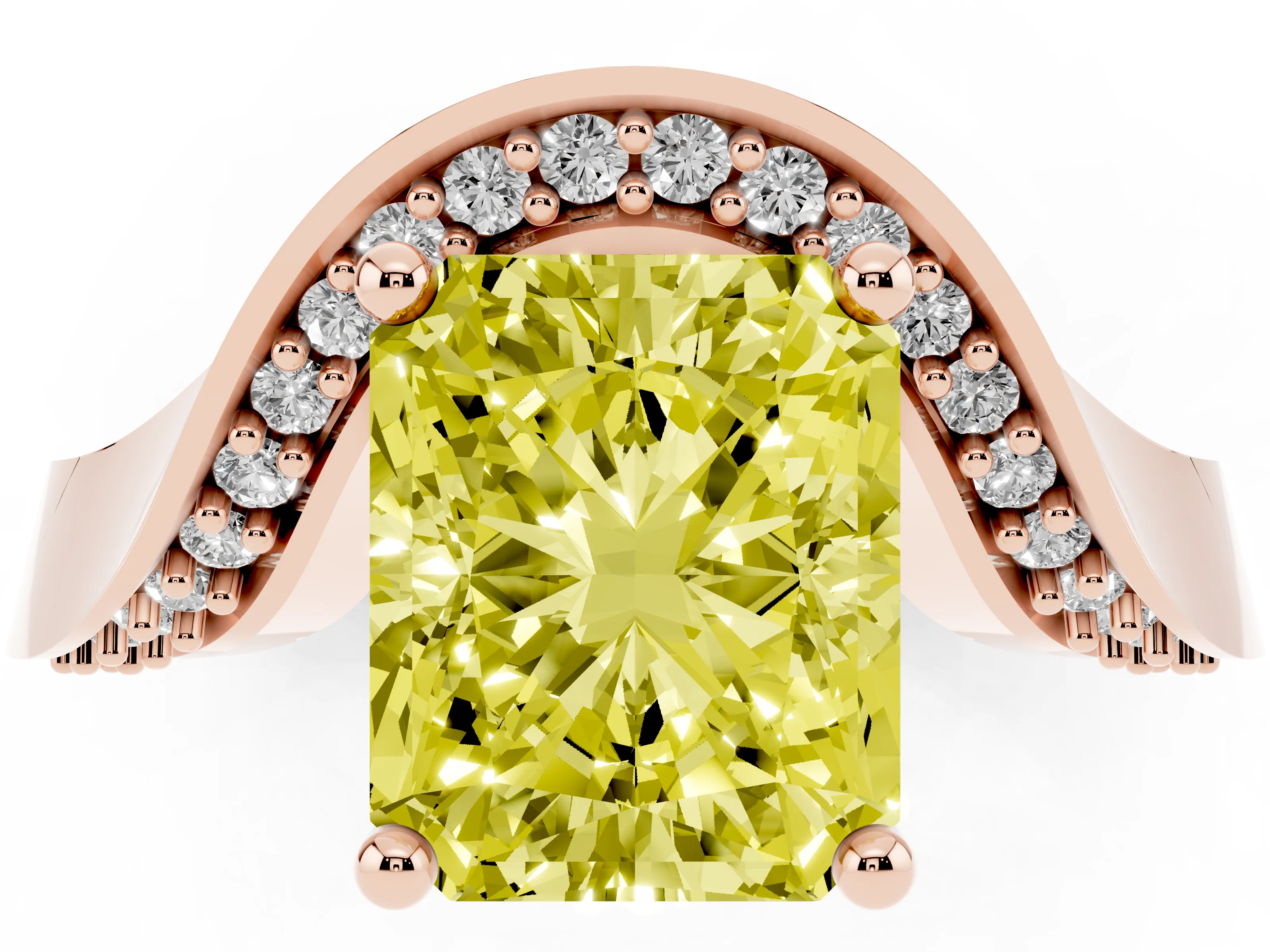 Fancy Yellow Radiant Cut Diamond Solitaire Engagement Ring Set in Rose gold with Pavé Shoulders