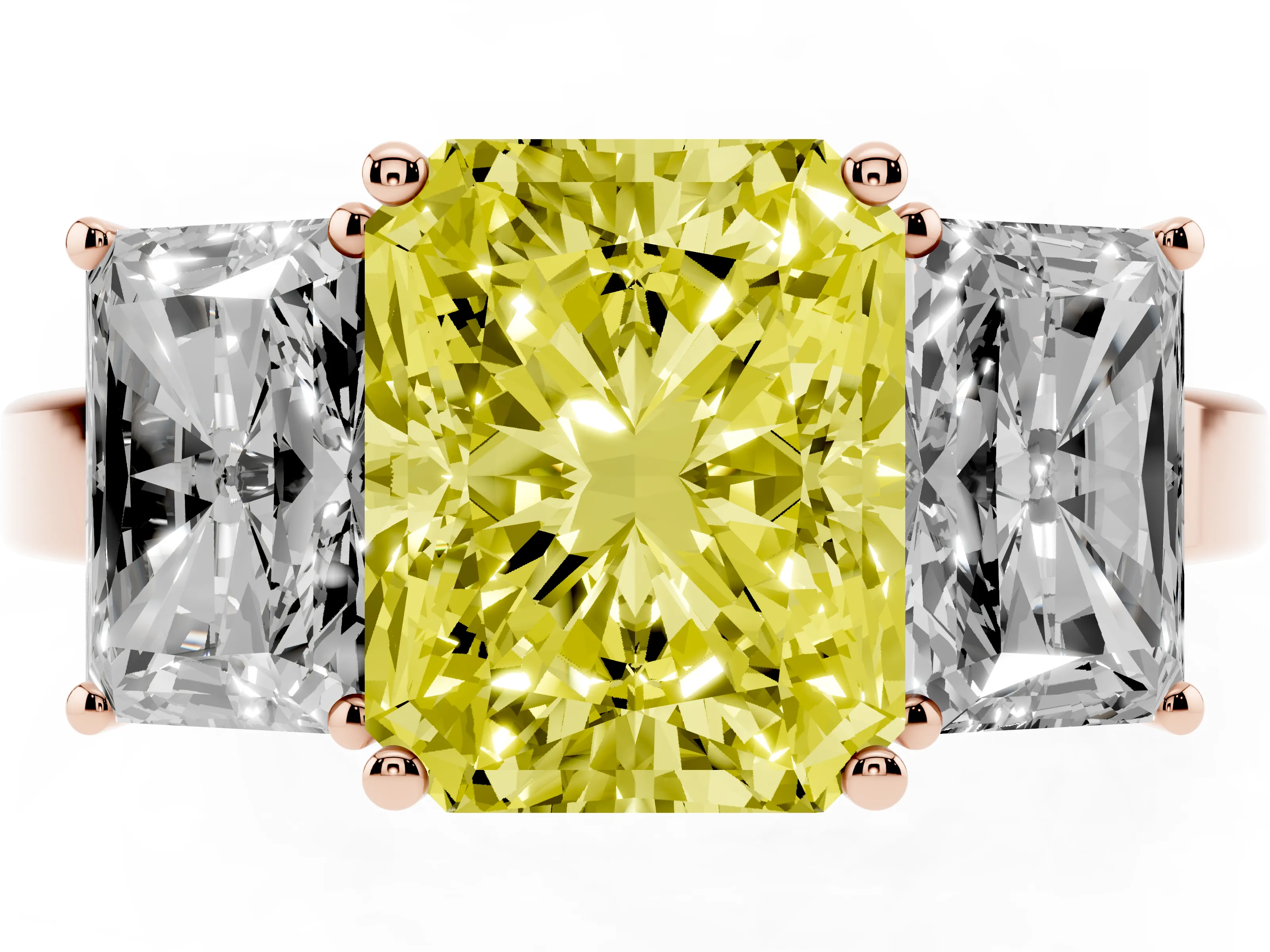 Fancy Yellow Radiant Cut Diamond Three-Stone Engagement Ring Set in Rose gold with Flat Band