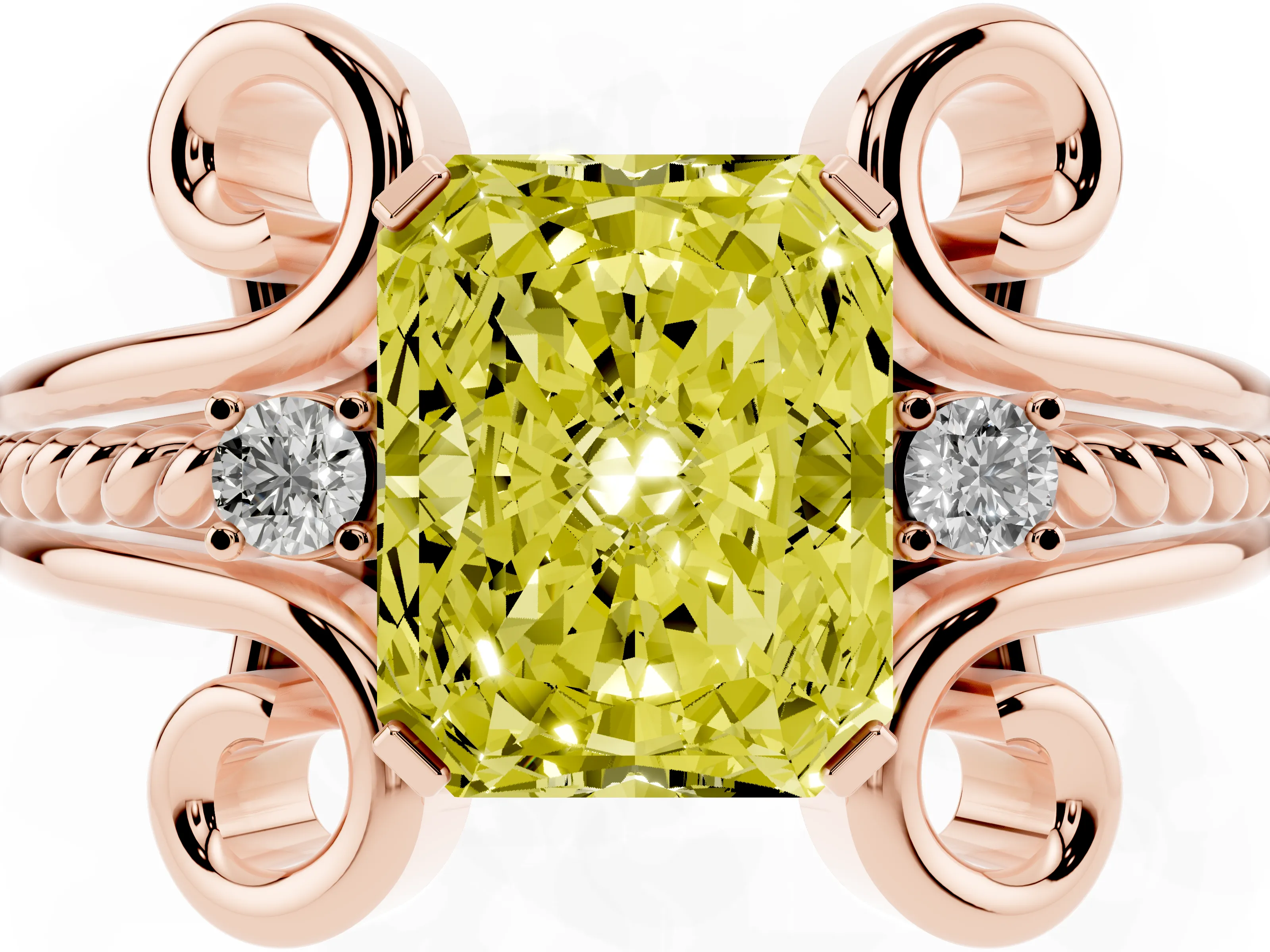 Fancy Yellow Radiant Cut Diamond Twisted Band Solitaire Ring Set in Rose gold with Scroll Prongs