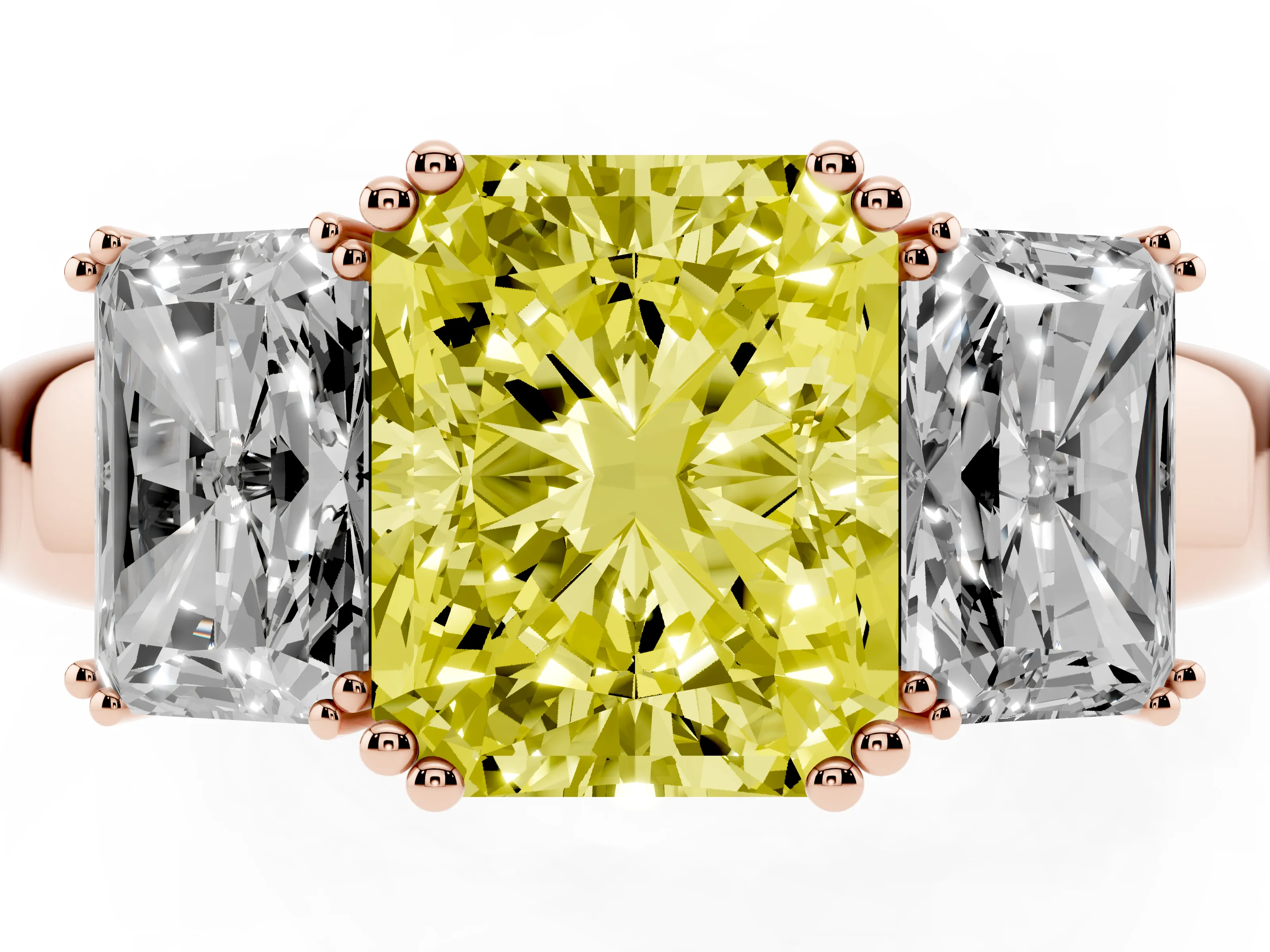 Fancy Yellow Radiant Cut Diamond Three-Stone Ring Set in Rose gold with Polished Channel-Set Band
