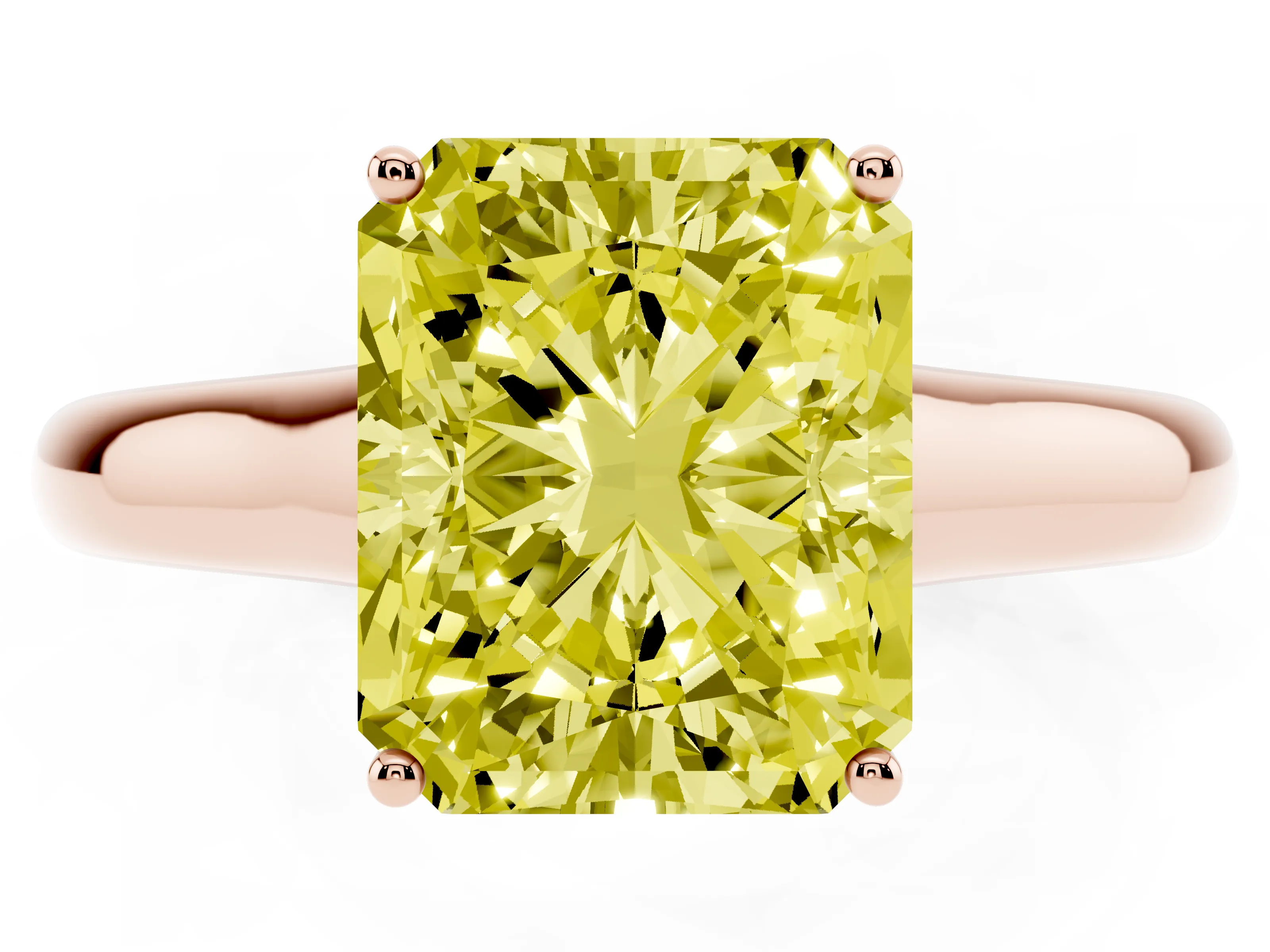 Fancy Yellow Radiant Cut Diamond Solitaire Engagement Ring Set in Rose gold with Subtly Tapered Band and Prong Setting