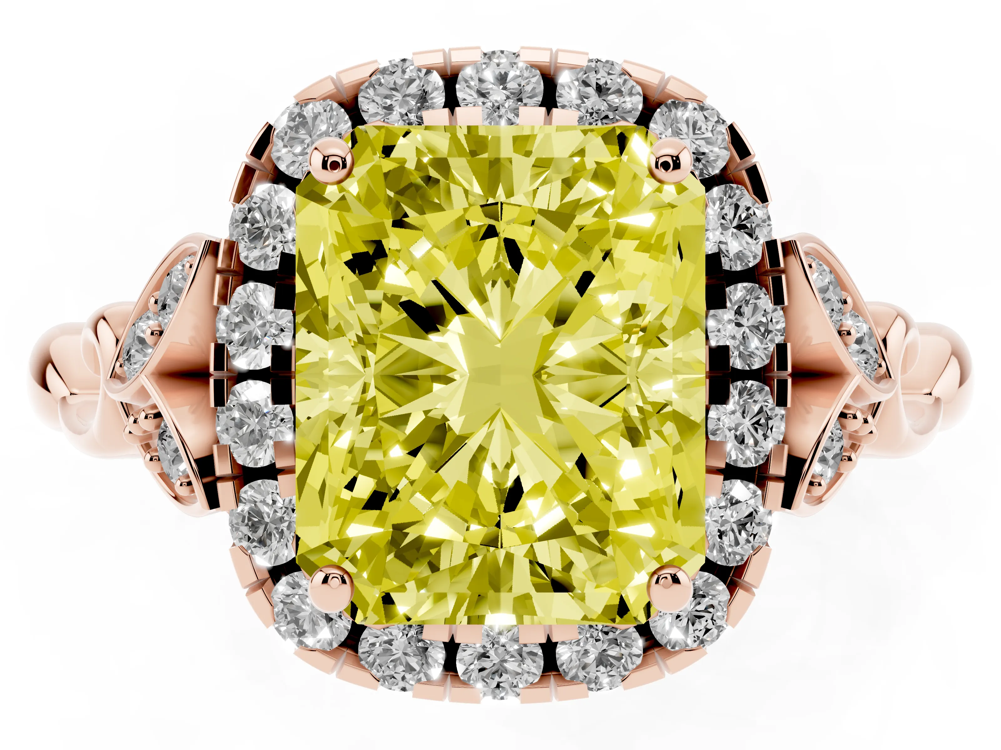Fancy Yellow Radiant Cut Diamond Halo Engagement Ring Set in Rose gold with Vintage-Inspired Band and Prong Setting