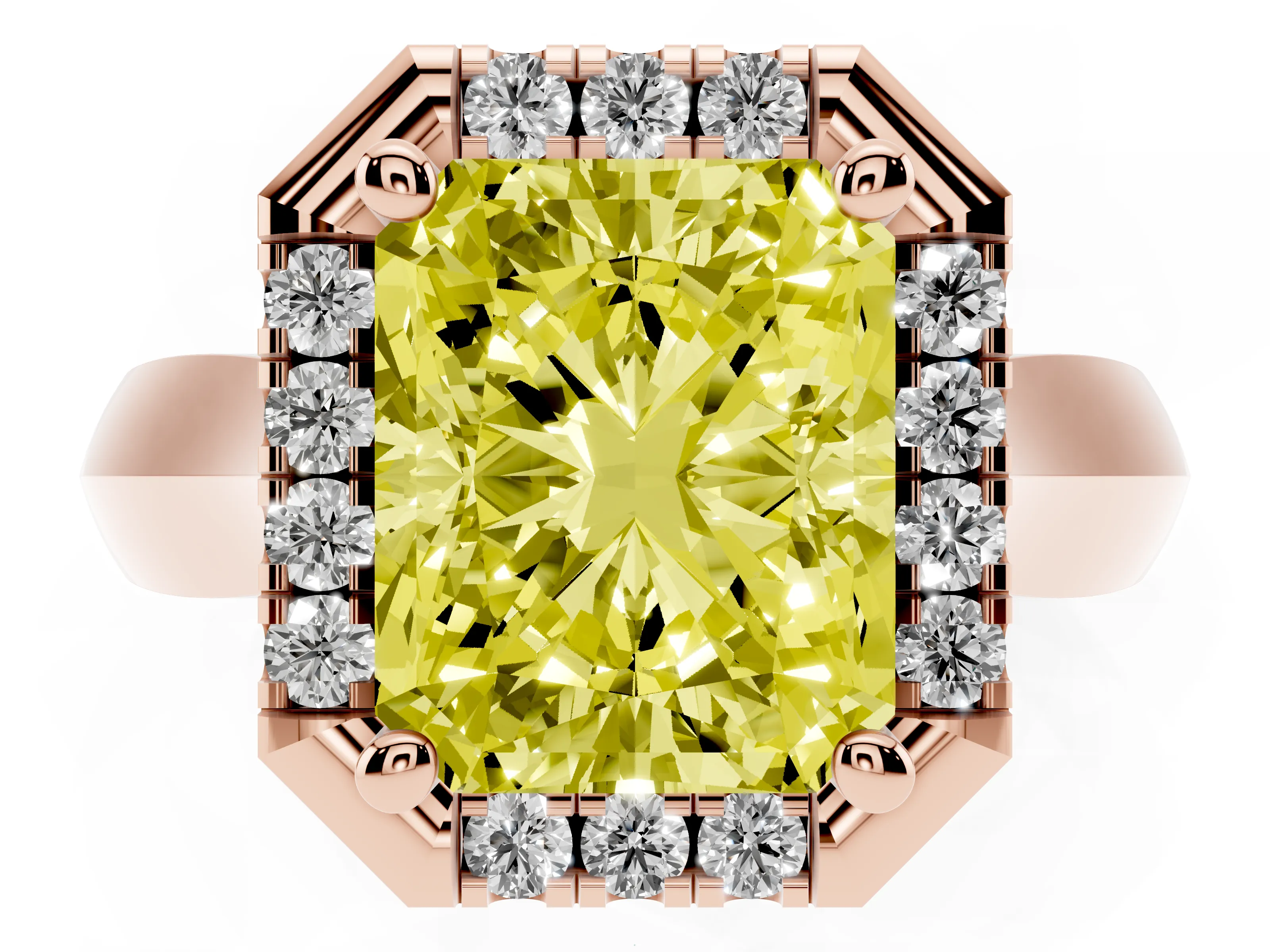 Fancy Yellow Radiant Cut Diamond Halo Solitaire Engagement Ring Set in Rose gold with Square Band and Prong Setting