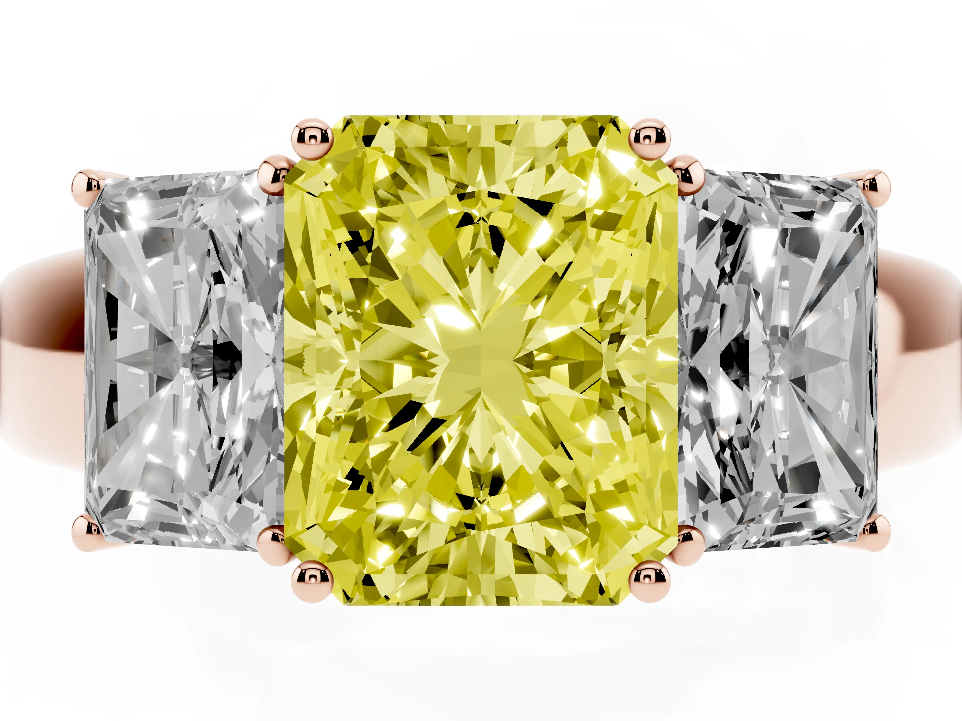 Fancy Yellow Three-Stone Radiant Cut Diamond Ring Set in Rose gold with Matching Prong Settings and Plain Band