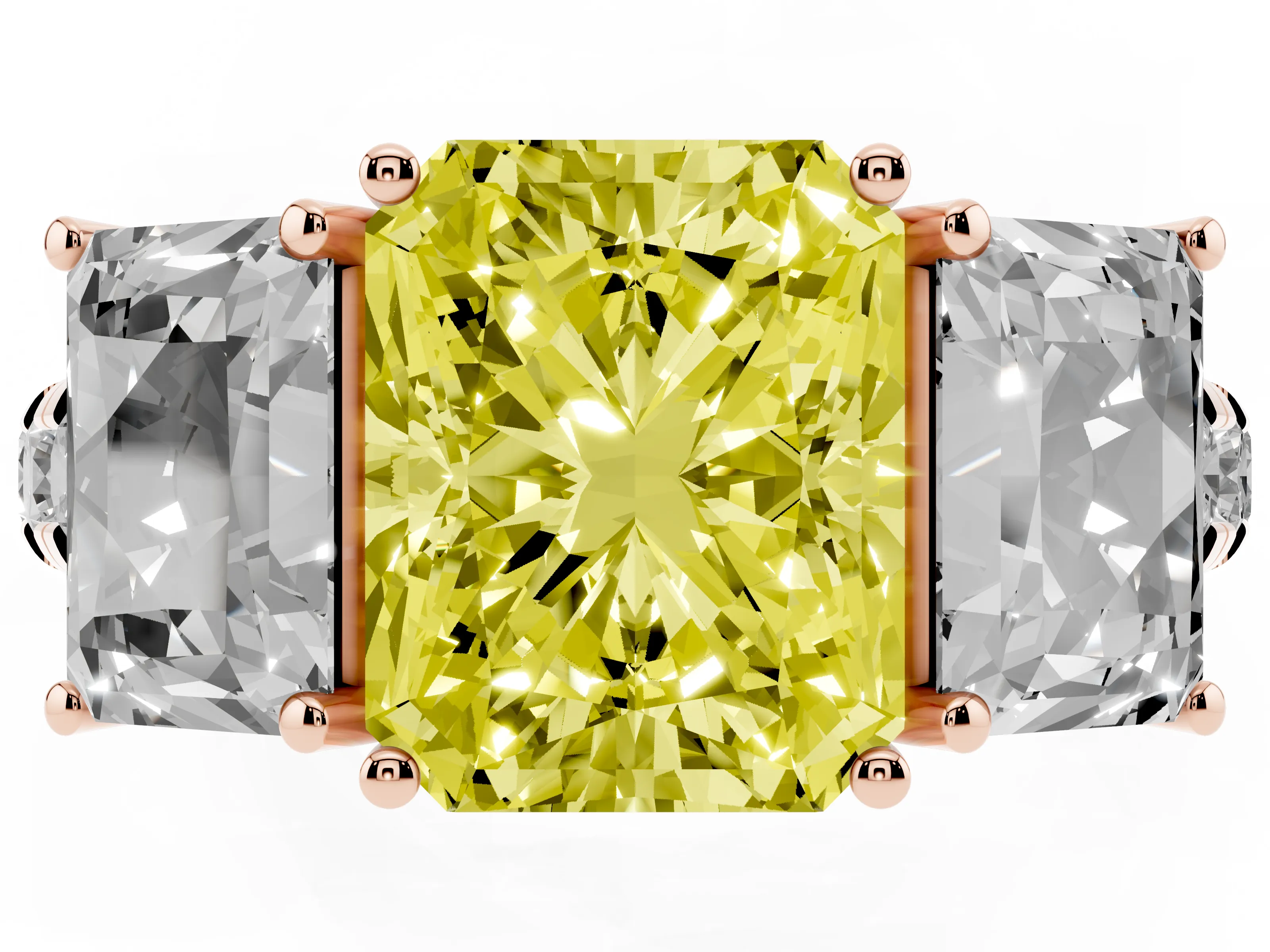 Fancy Yellow Radiant Cut Diamond Three-Stone Ring Set in Rose gold with Pavé Band