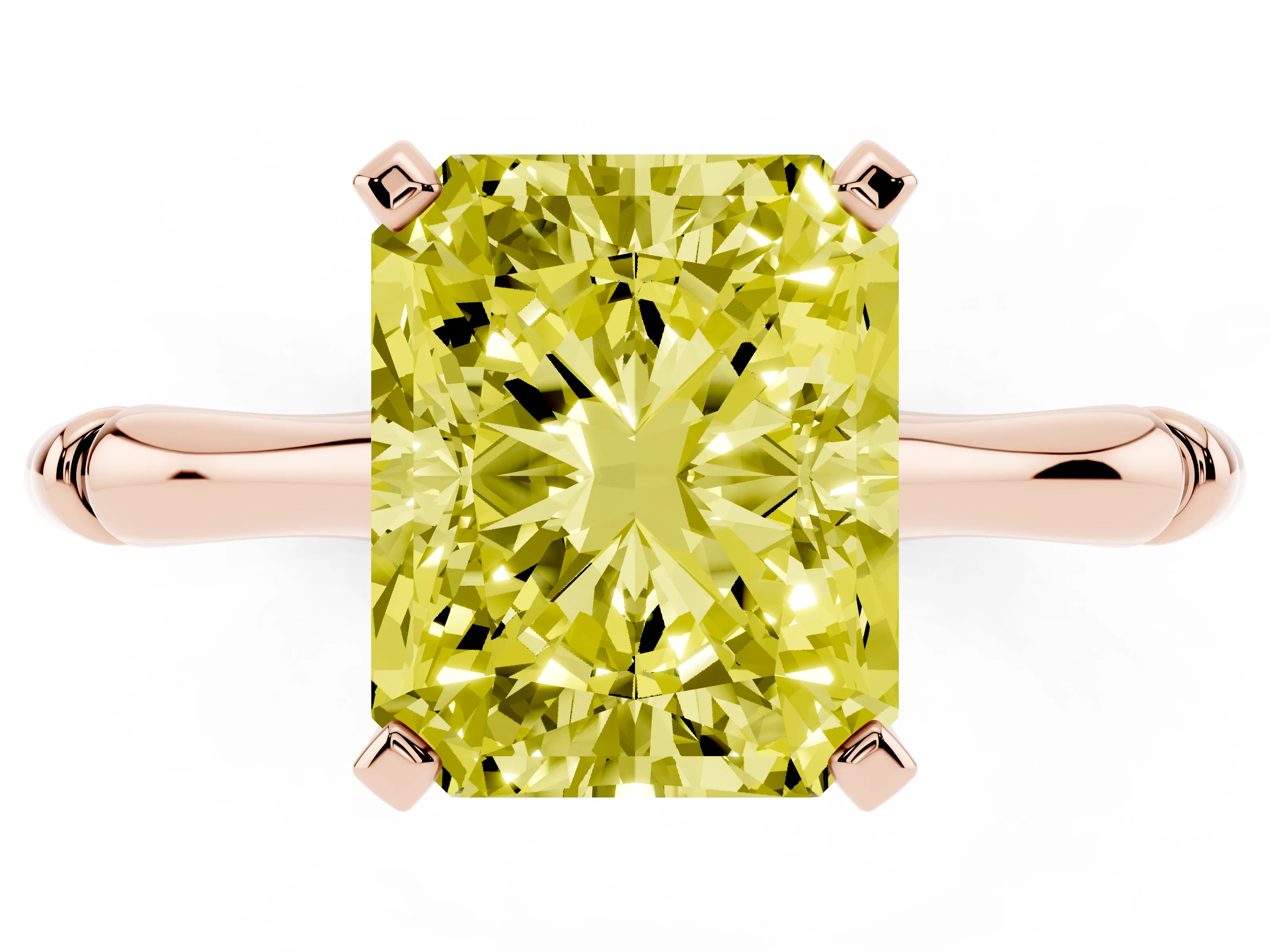Fancy Yellow Radiant Cut Diamond Solitaire Ring Set in Rose gold with Bamboo Band and Prong Setting